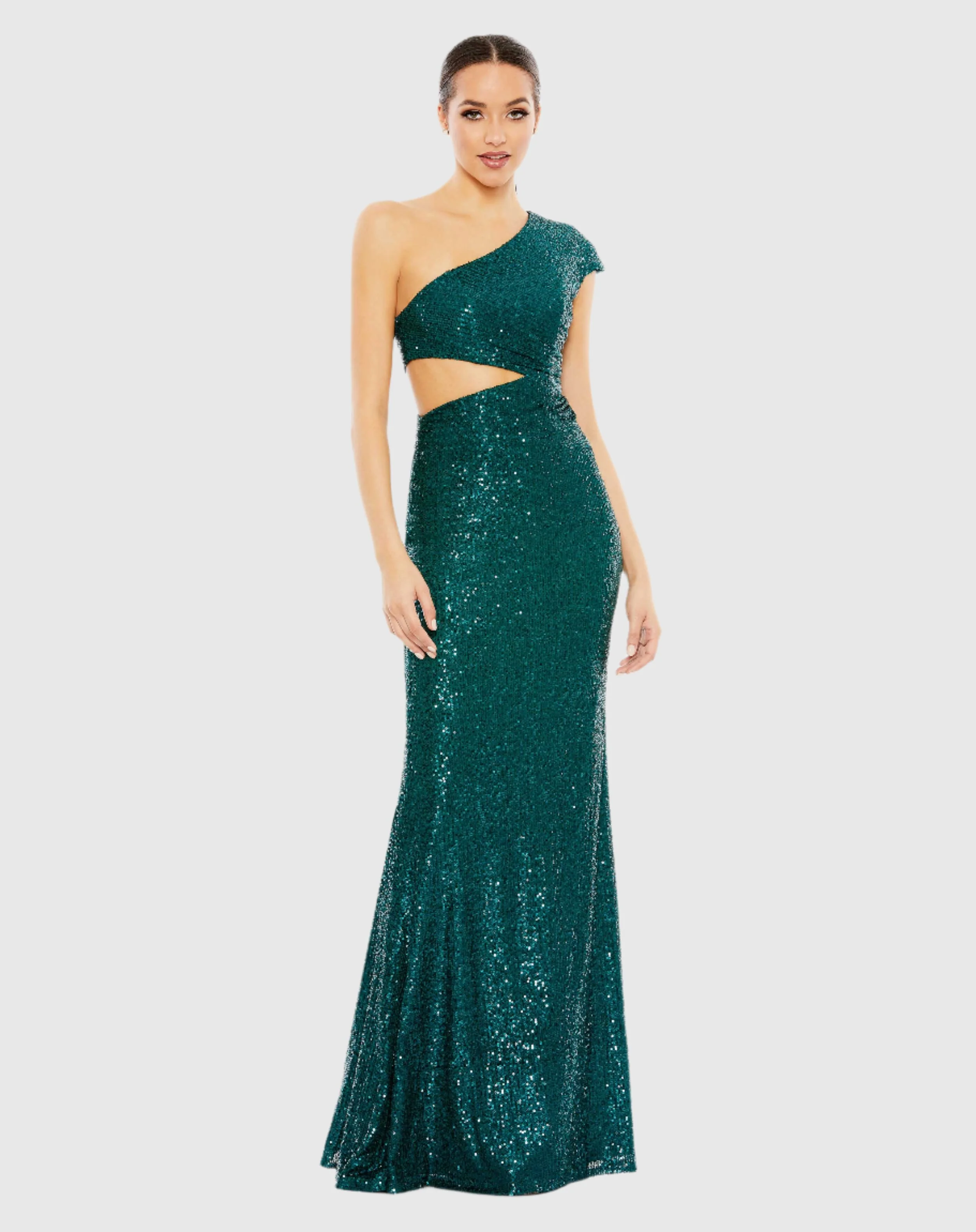 Green Sequined One Shoulder Cap Sleeve Cut Out Gown - FINAL SALE