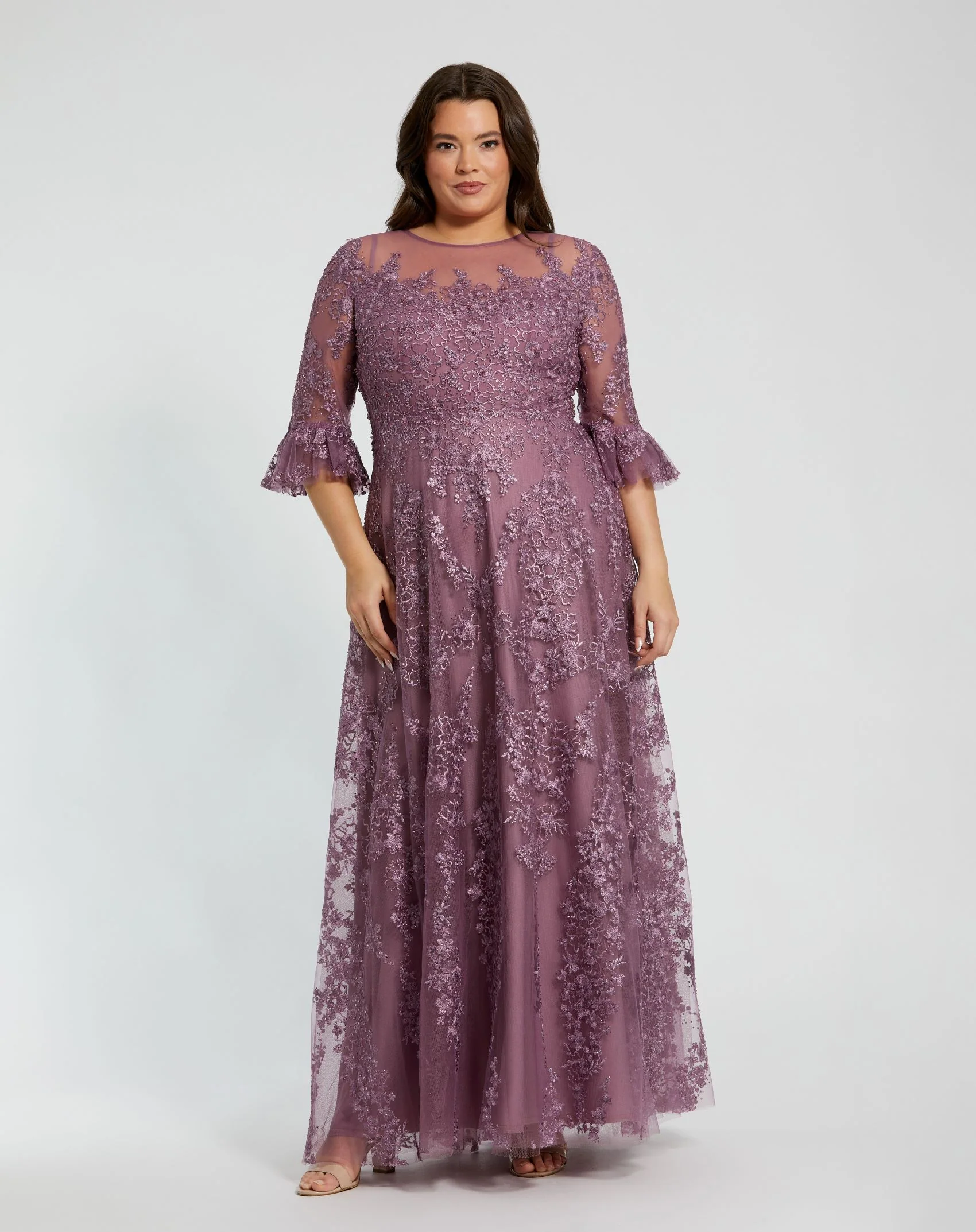 Purple High Neck Flutter Sleeve Embroidered A Line Gown