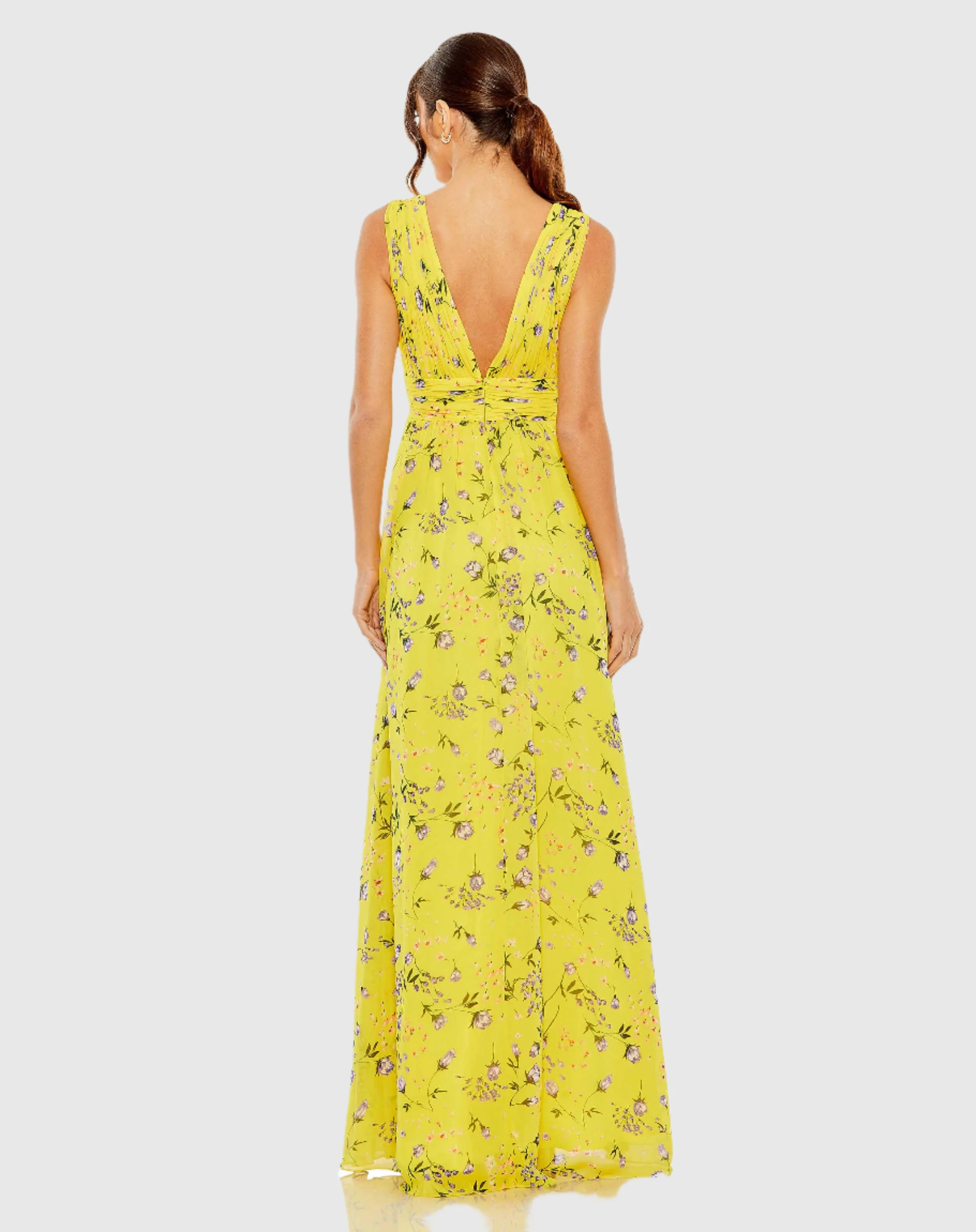 Floral Print V-Neck Ruched Gown