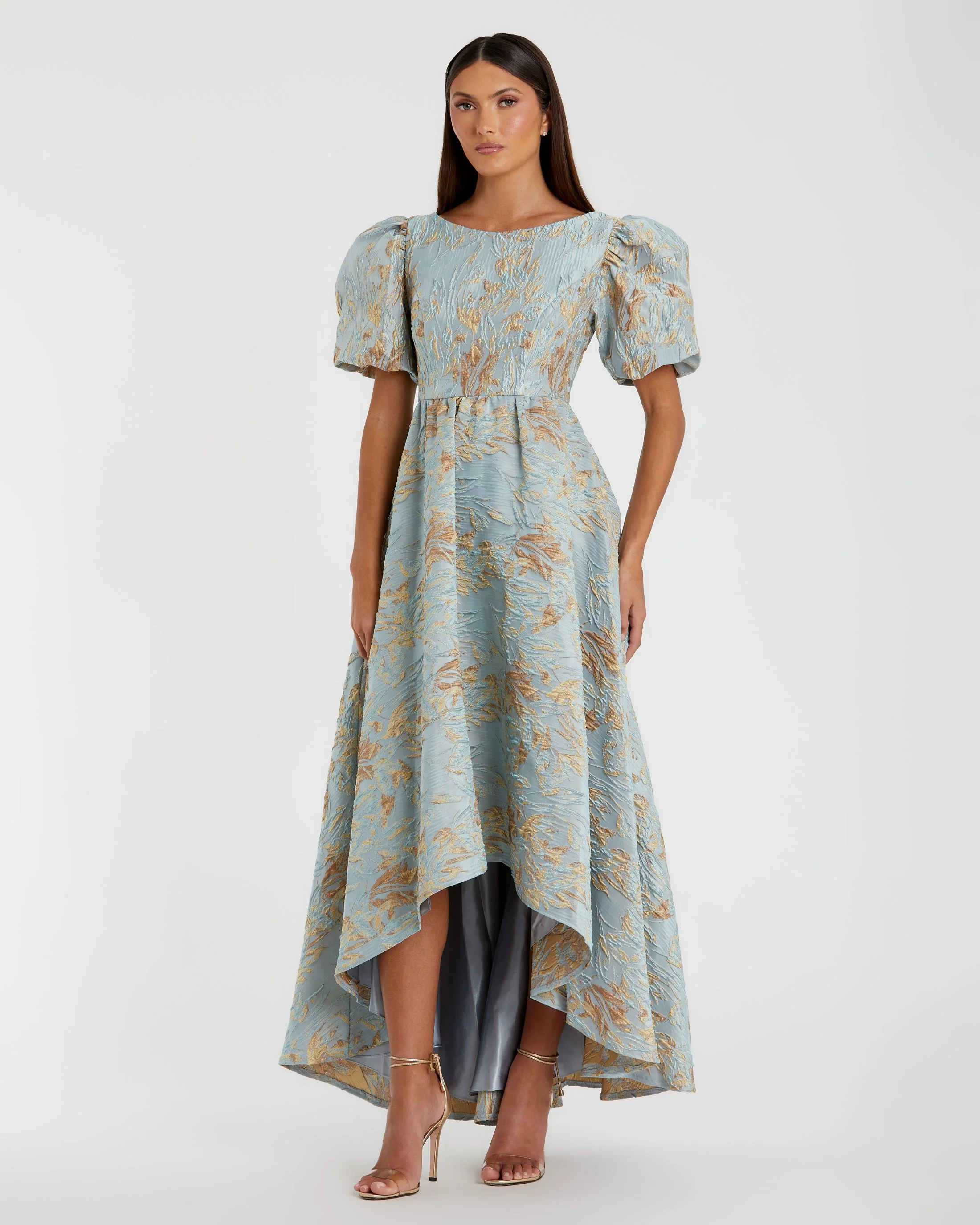 Blue Brocade Puff Sleeve High Low Gown