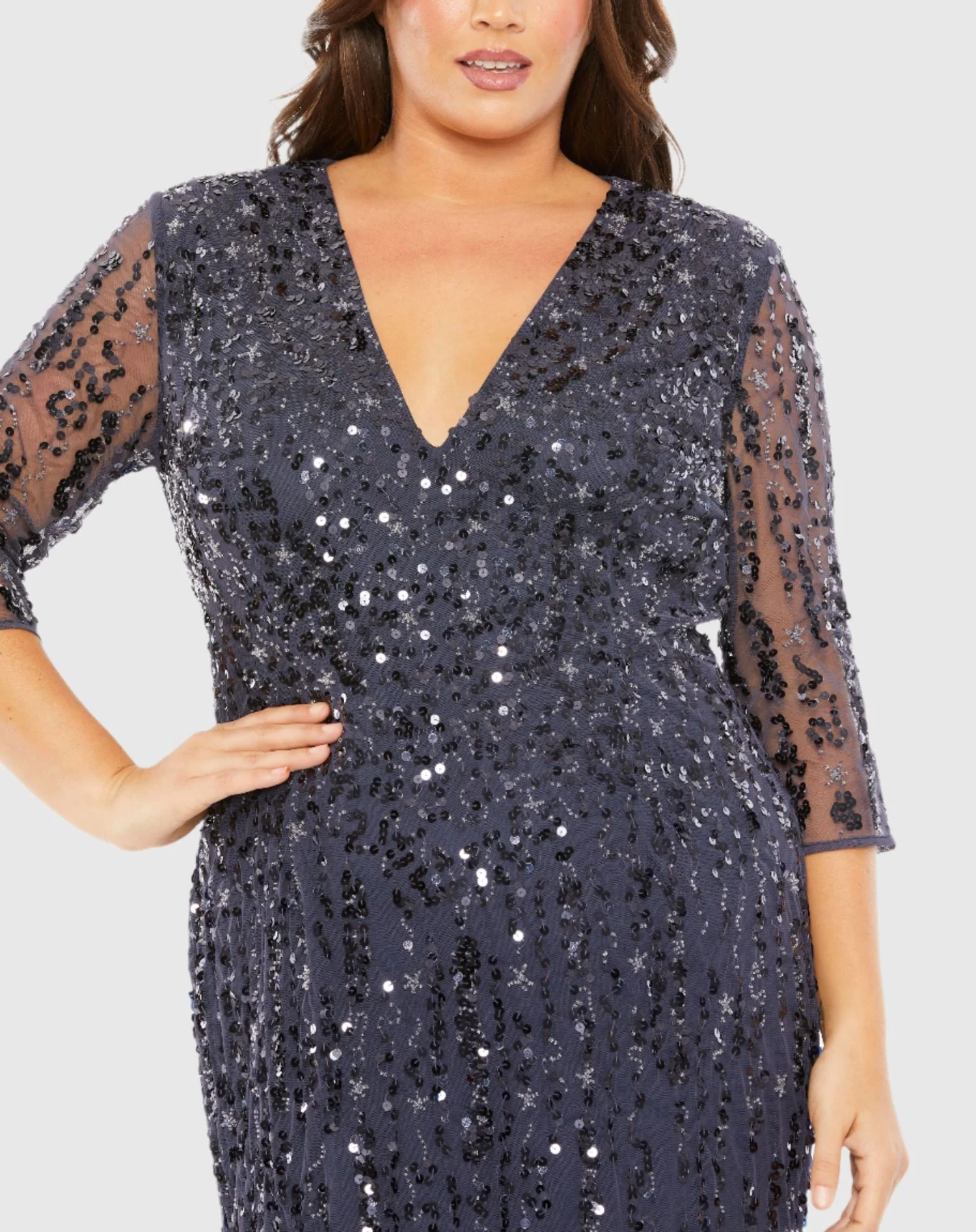 Navy Mid Length Mesh Sleeve V Neck Embellished Gown