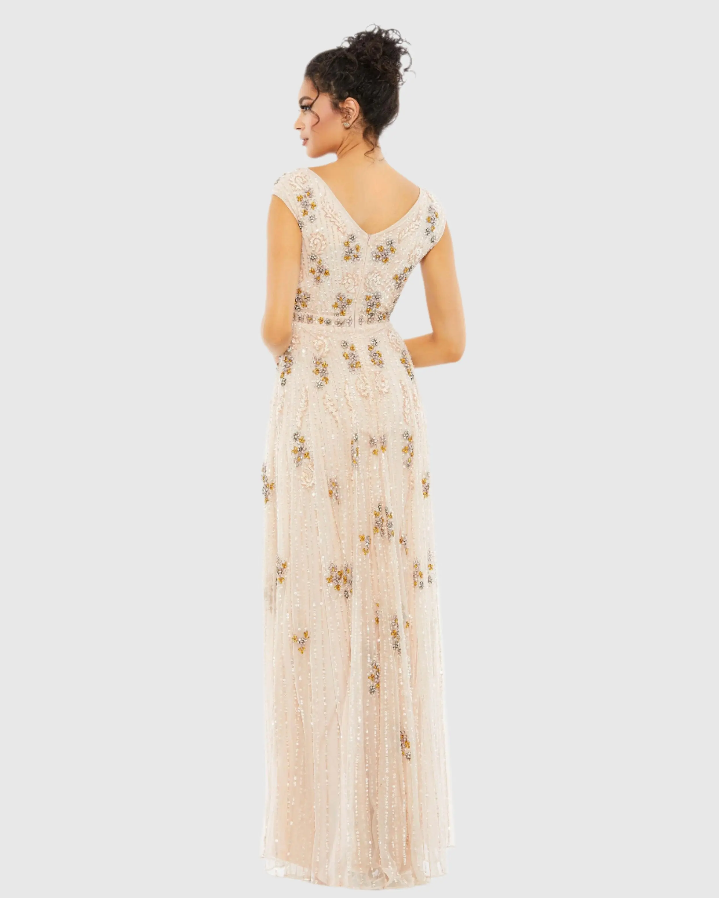 Embellished Wrap Over Cap Sleeve A-Line Gown