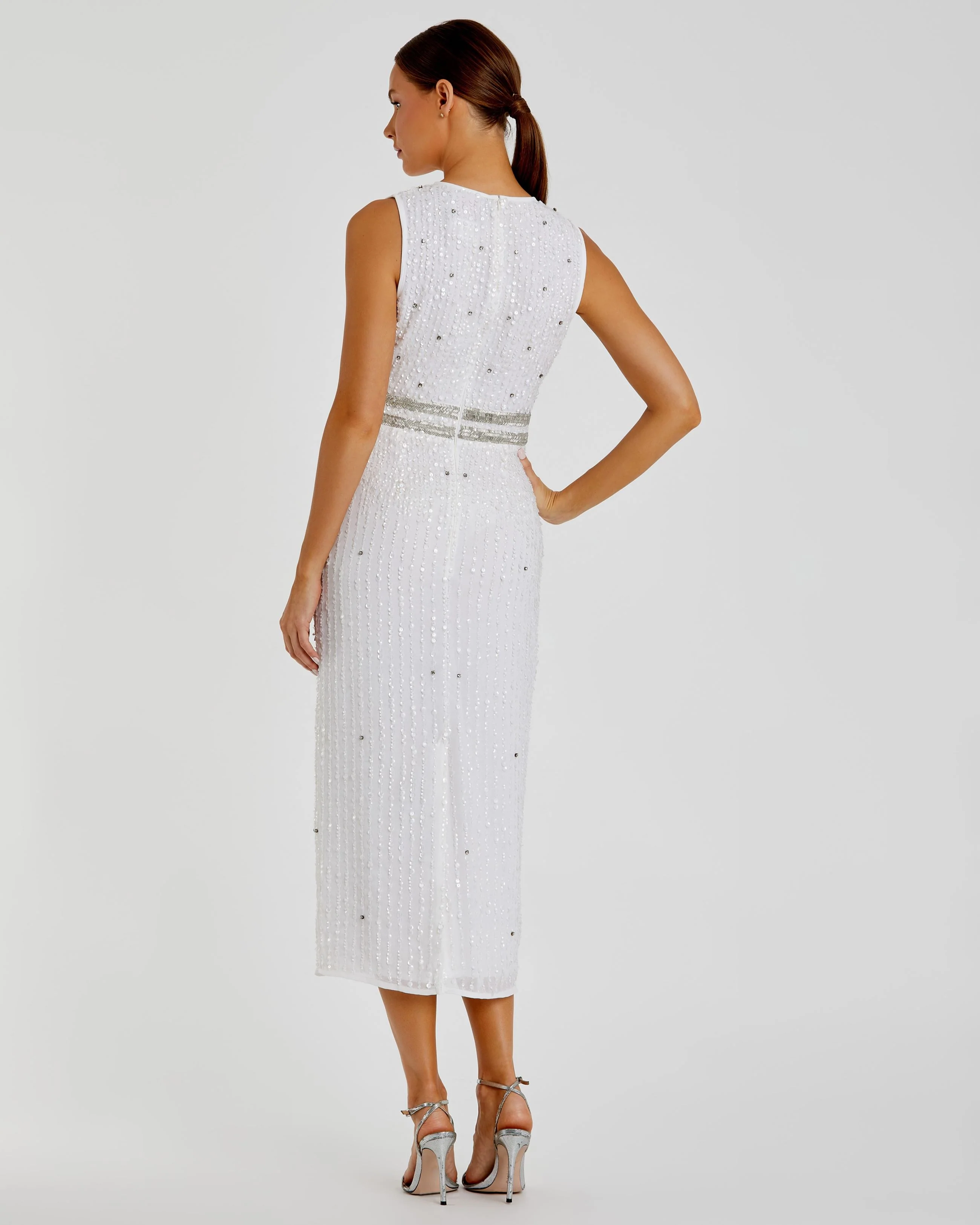 White Sleeveless High Neck Beaded Midi Sheath Dress