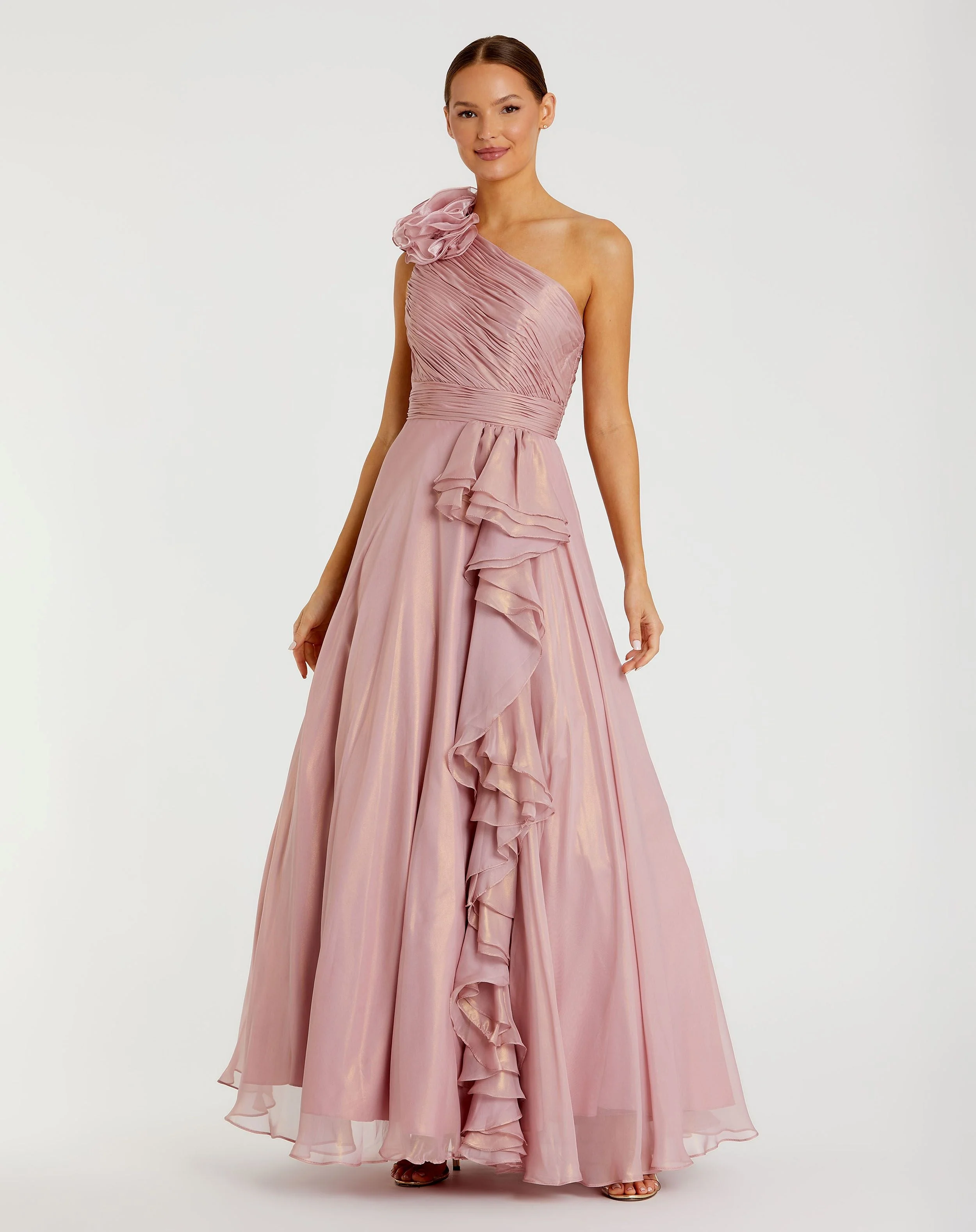 Pink Iridescent One Shoulder Rosette Ball Gown