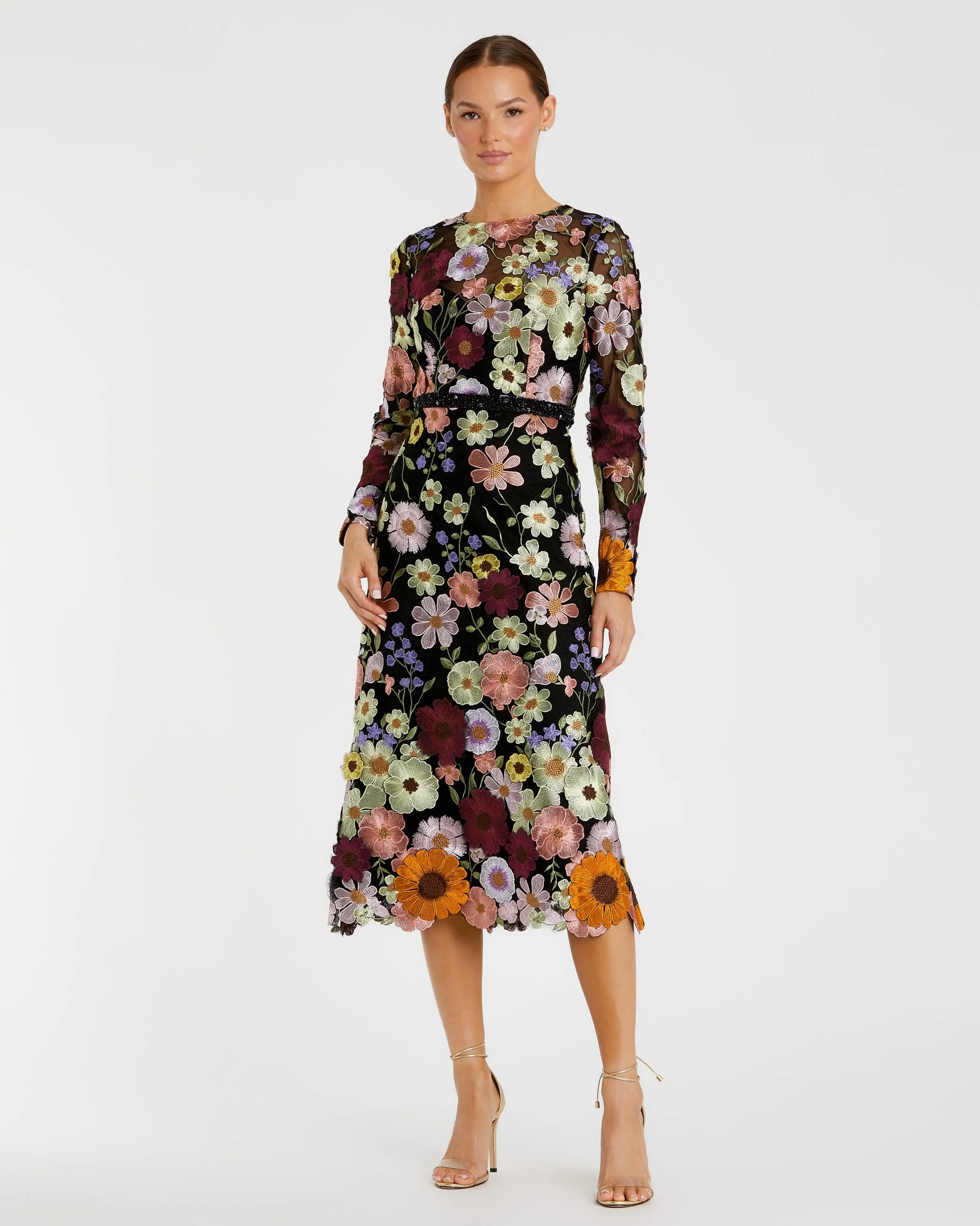 Black High Neck Floral Embroidered A-Line Dress