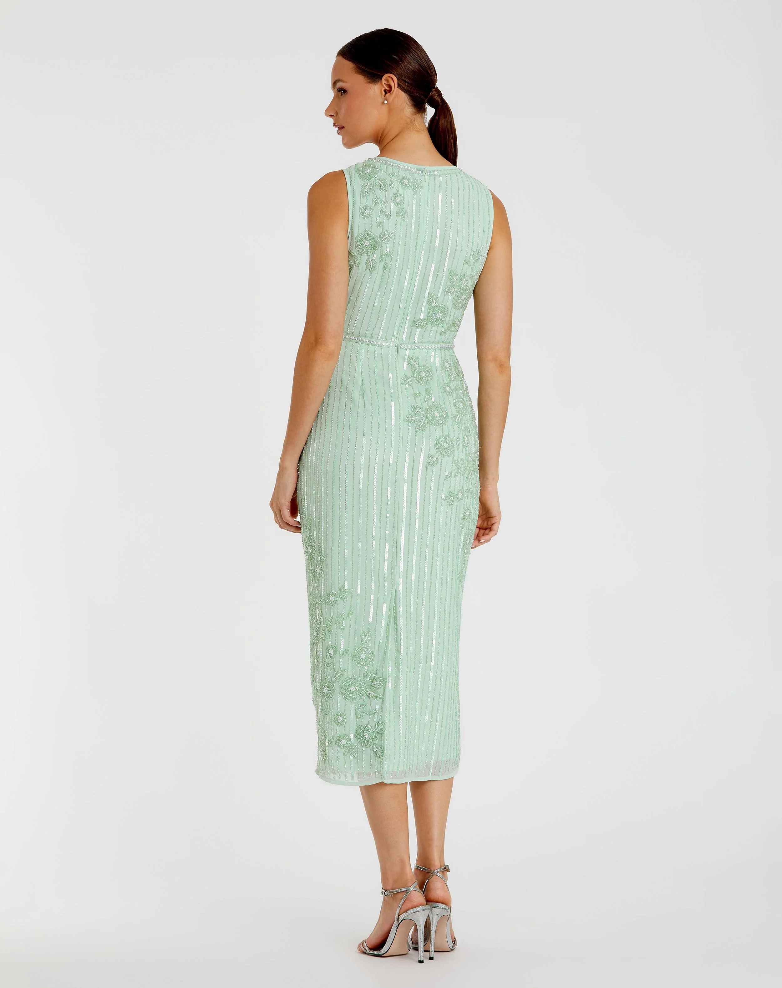 Green Striped Floral Embellished Sleeveless Midi Dress