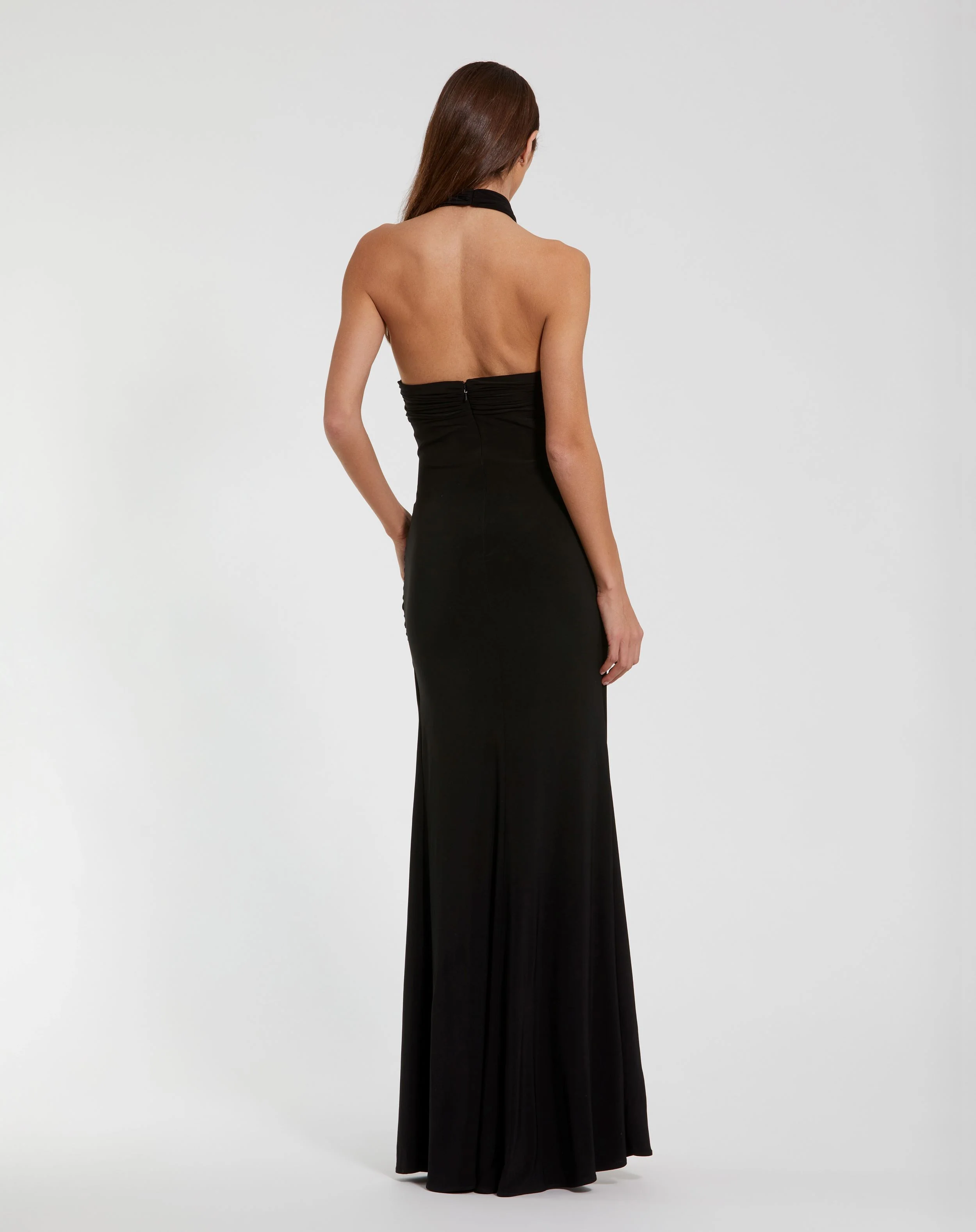 Black Jersey Crossover Halter Neck Gown With 3D Flower