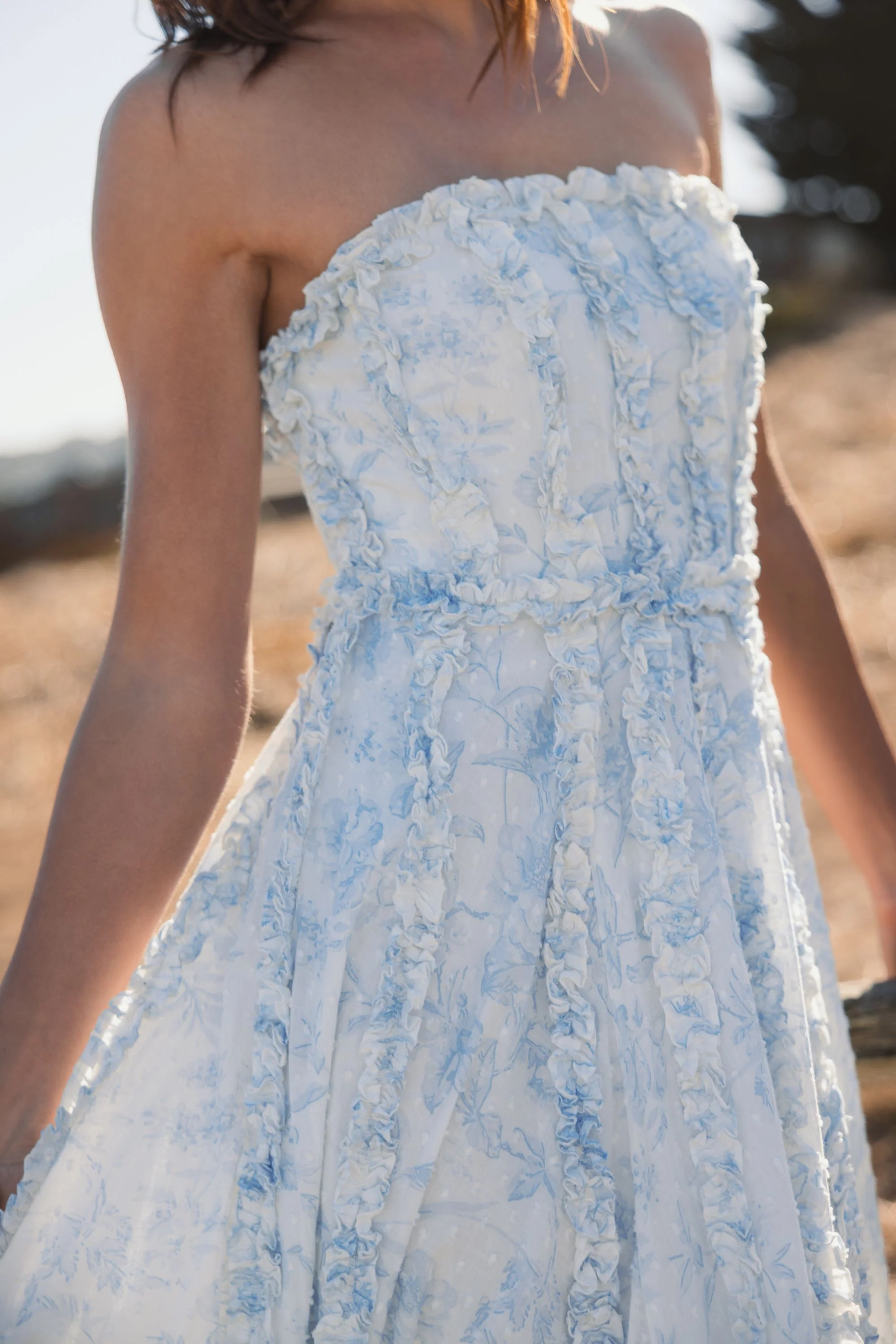 Blue and White Strapless Ruffle Floral Cotton Dress