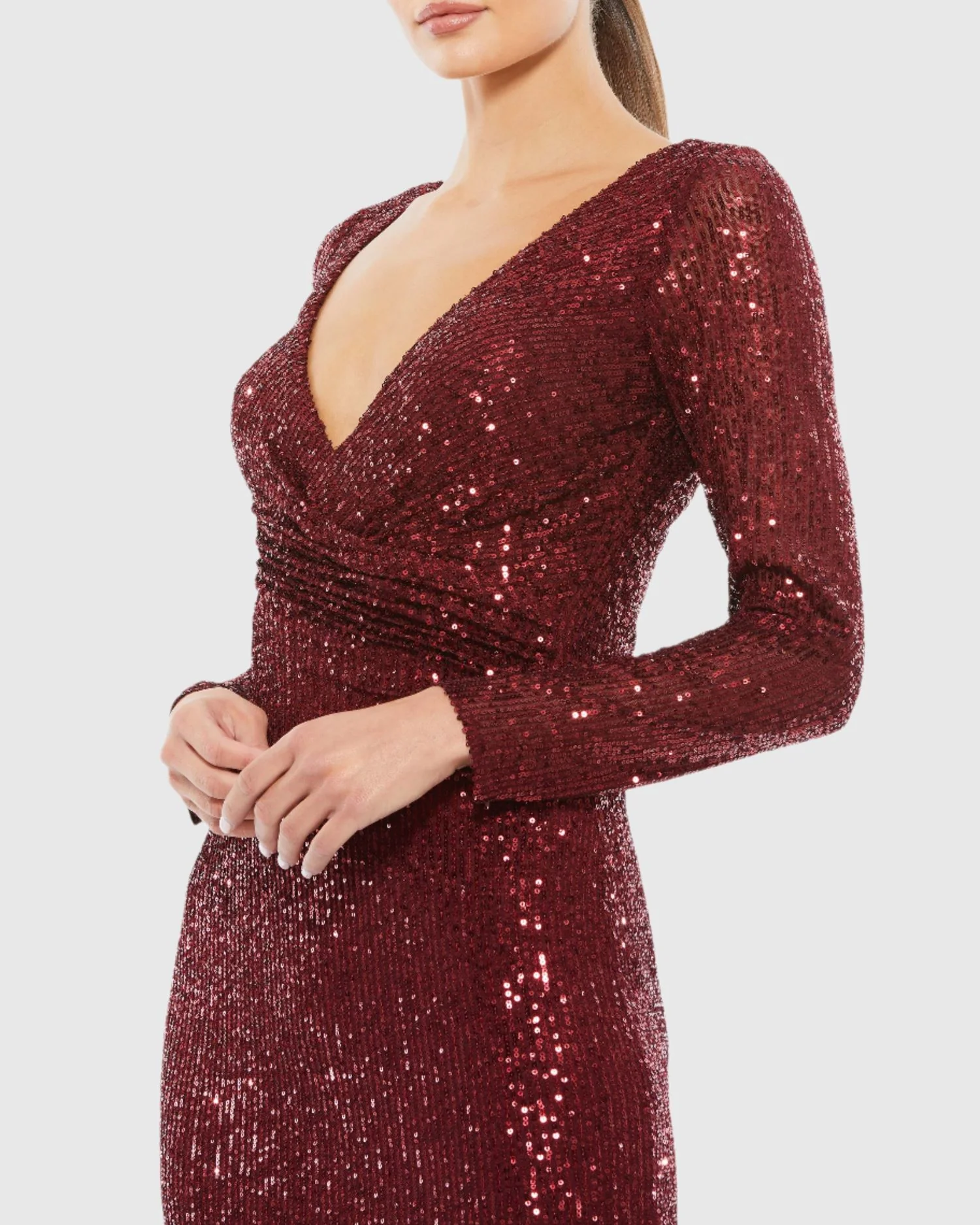 Red Sequined Faux Wrap Long Sleeve Column Gown