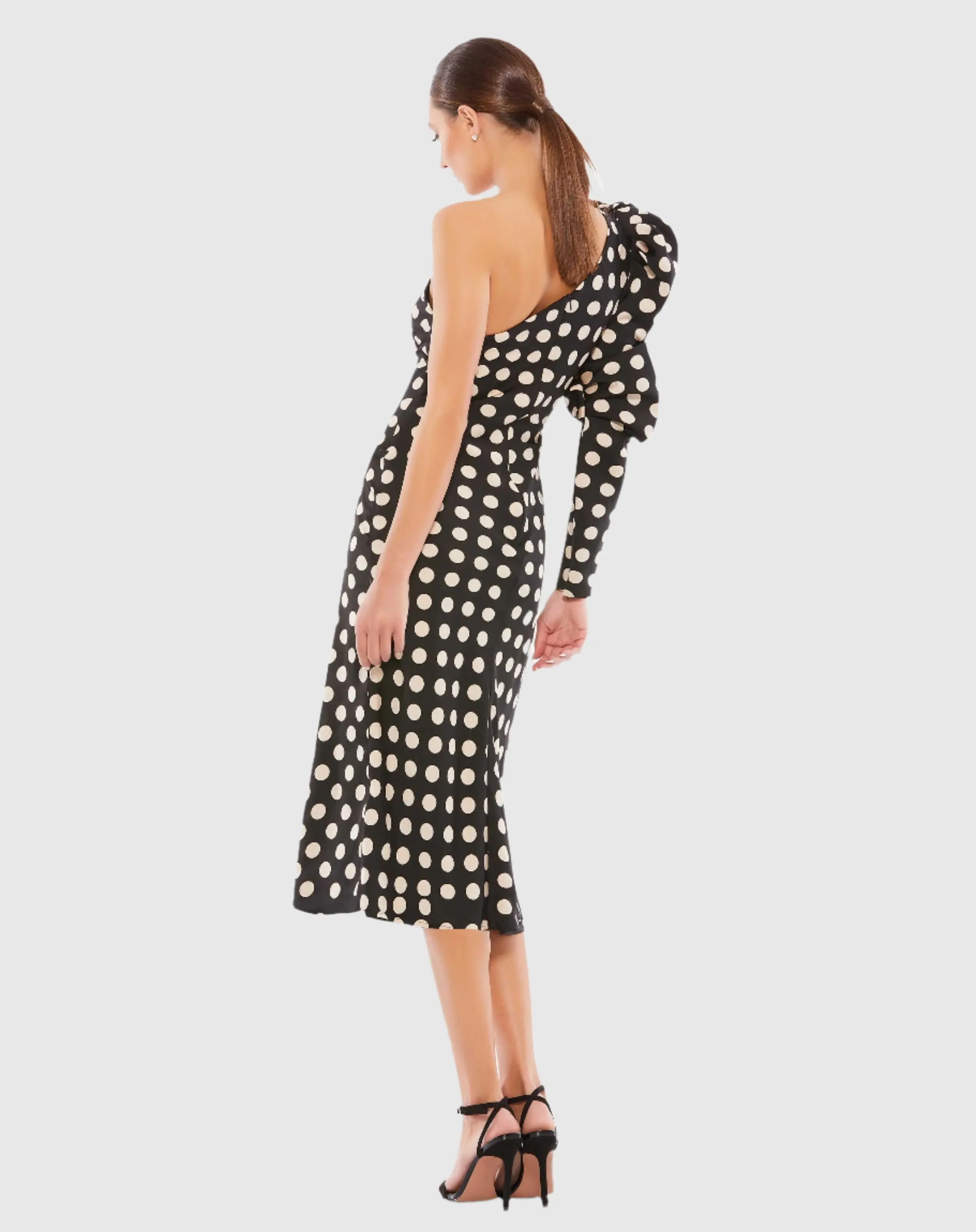 Long Puff Sleeve Polka Dot Tea Length Dress
