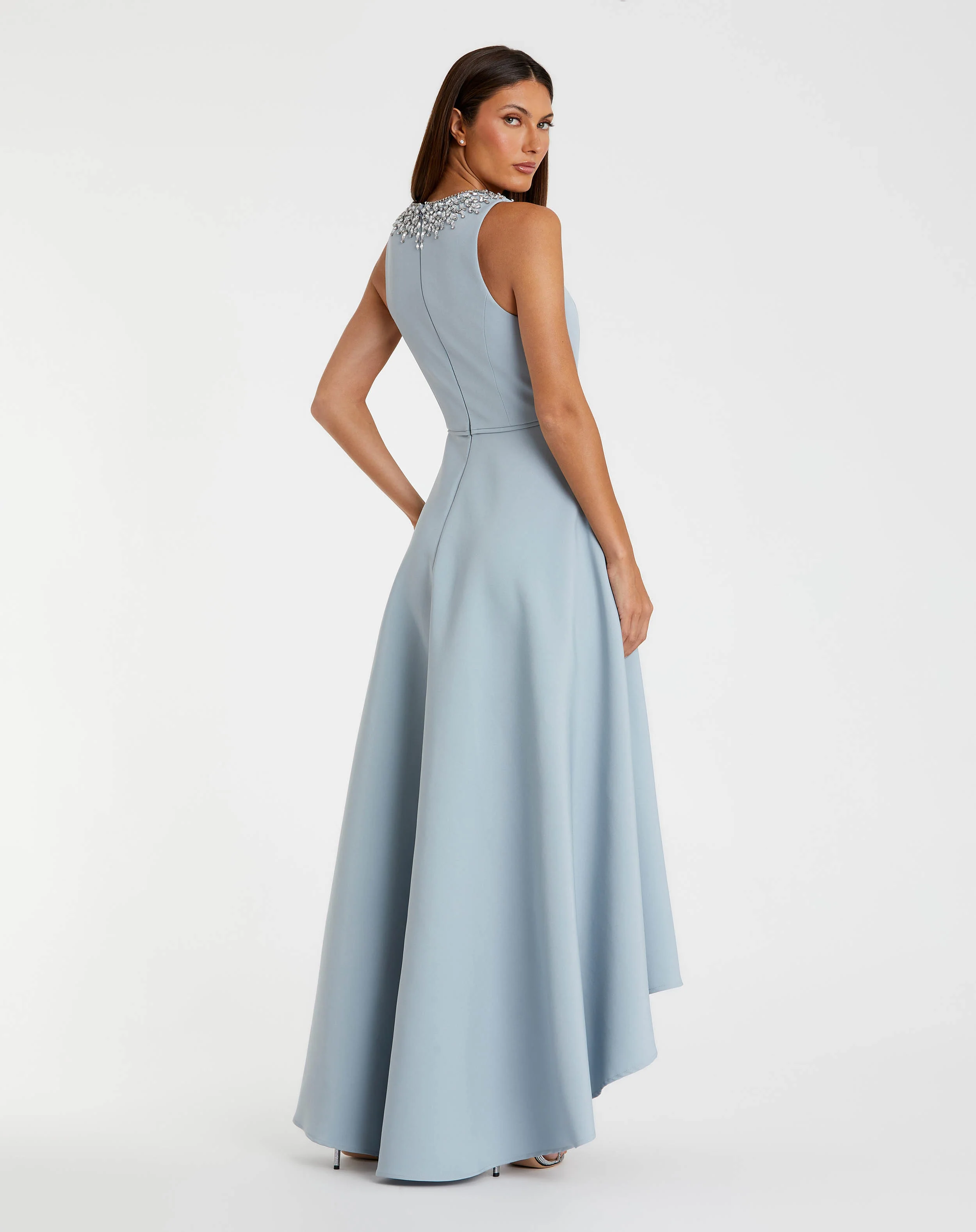 Blue Crepe Embellished Neck High Low Gown