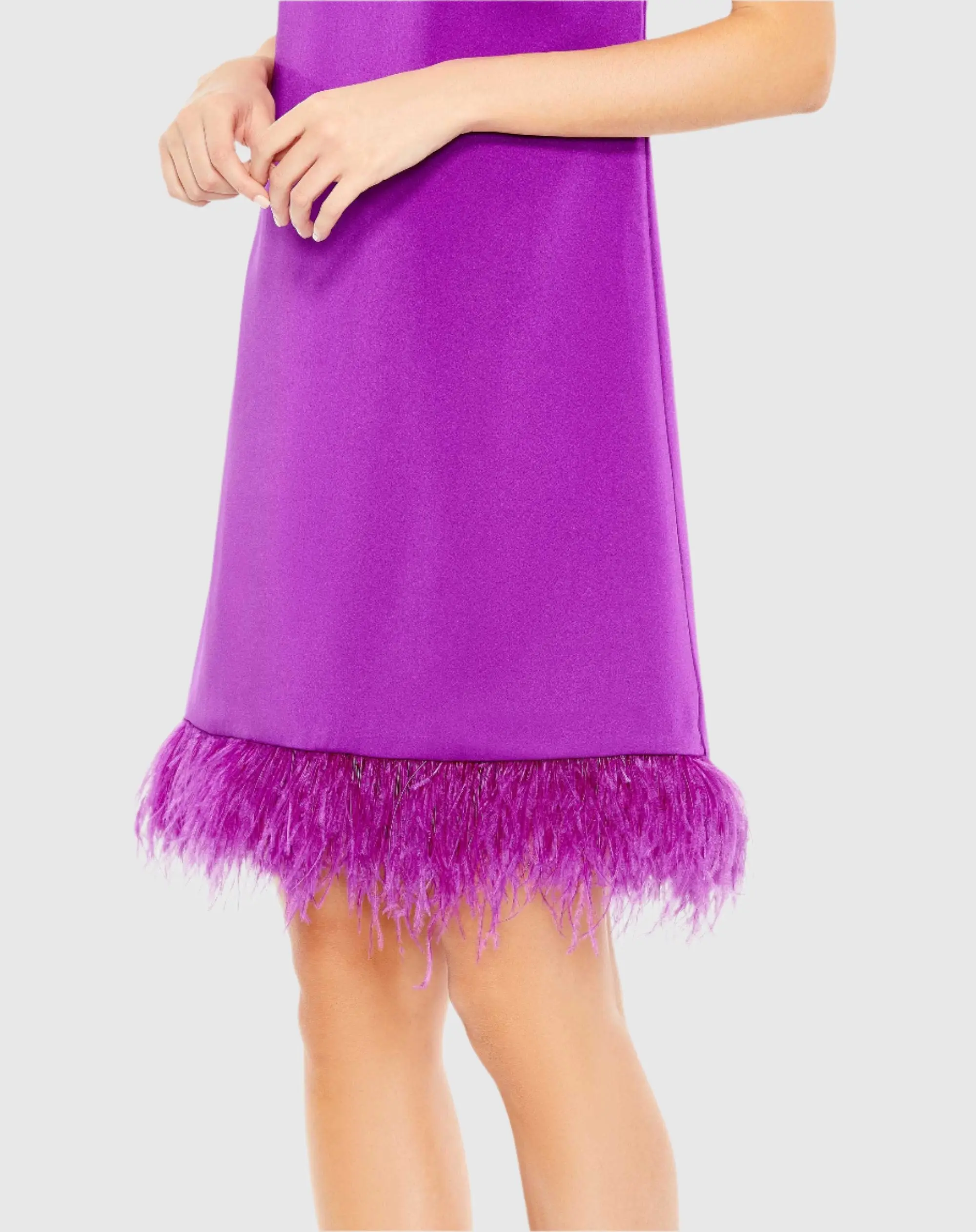 Purple Feathered Hem High Neck Sleeveless A Line Dress
