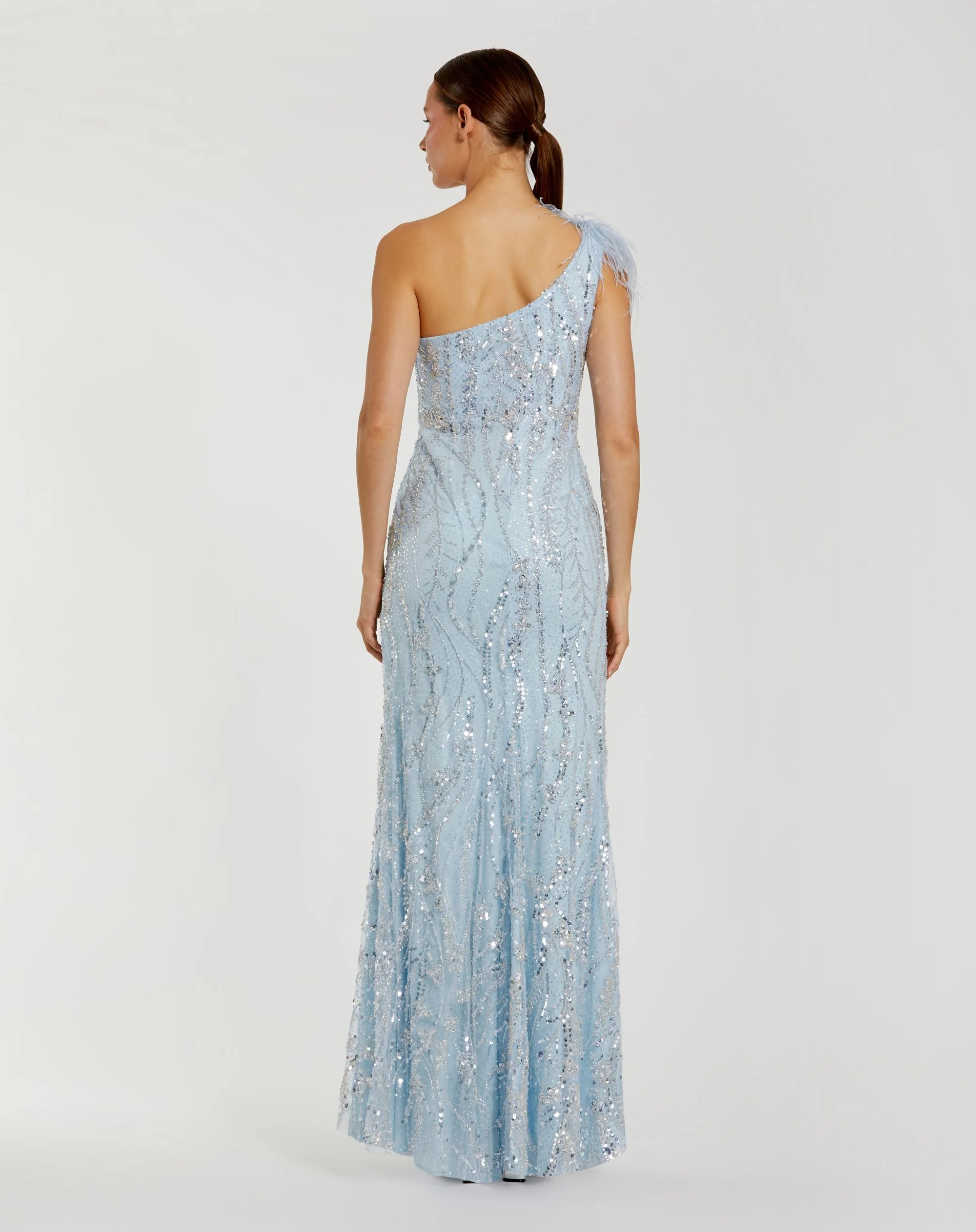 Blue Feathered One Shoulder Embroidered Applique Gown