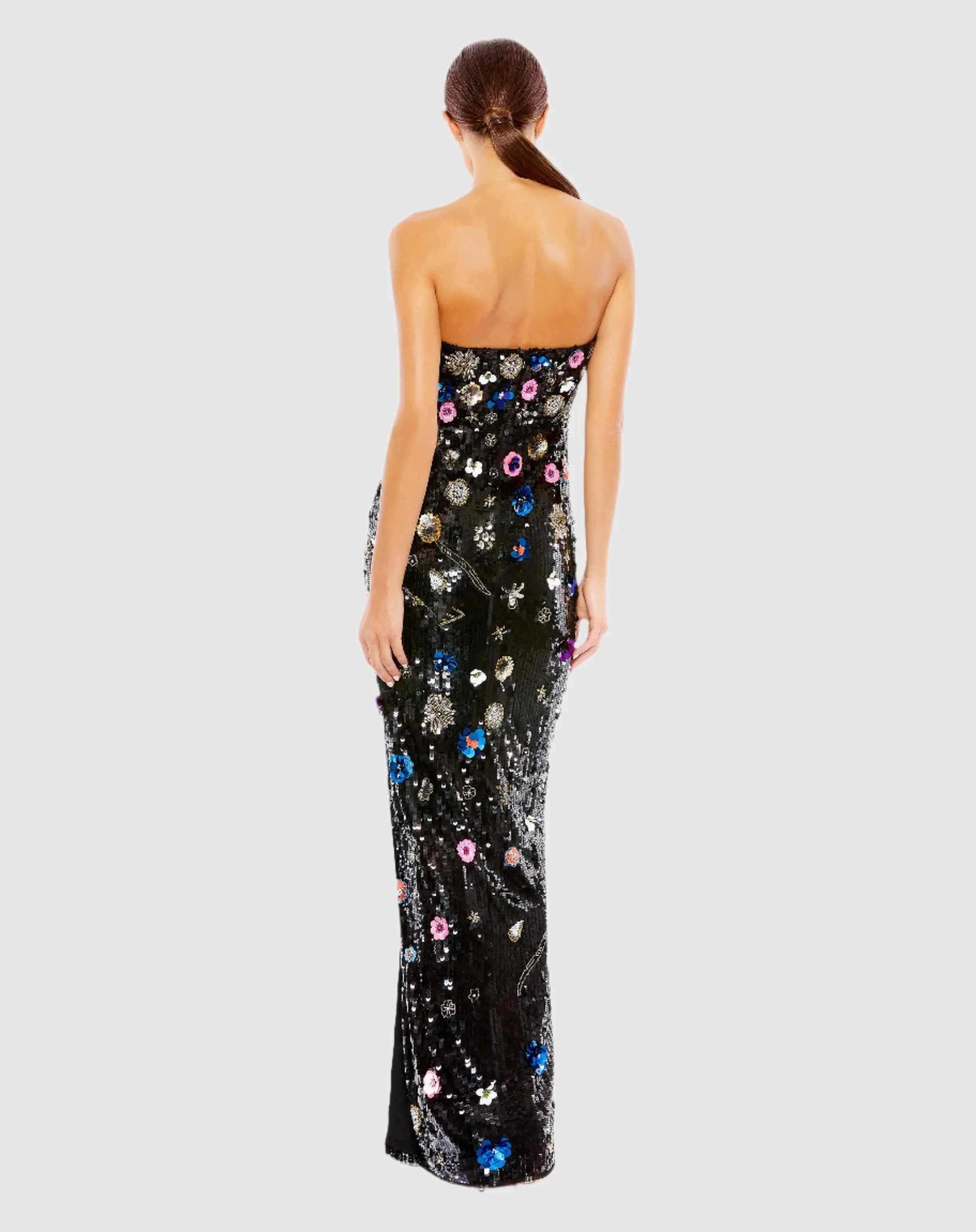Black Floral Sequined Strapless Column Gown