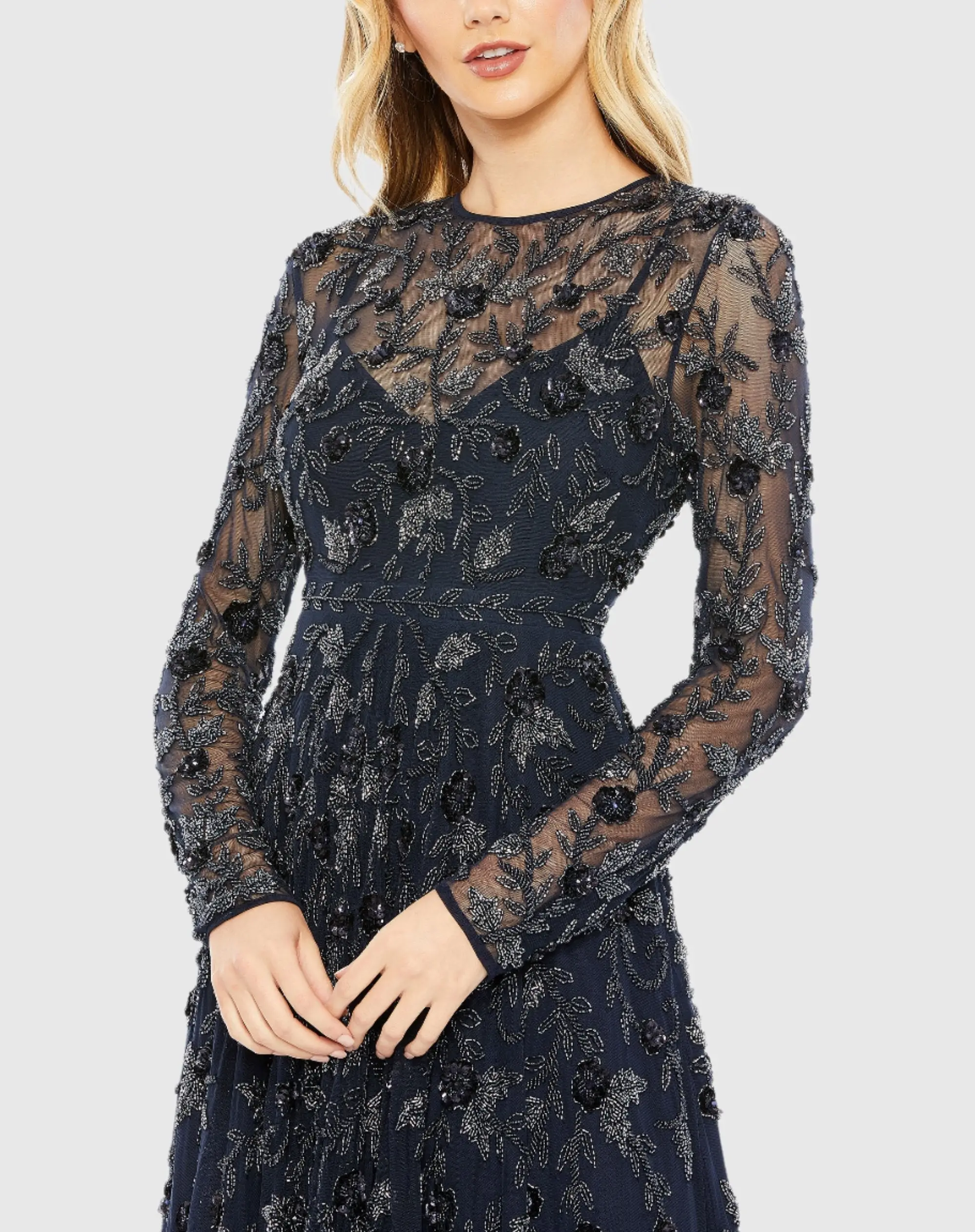 Navy Beaded Illusion High Neck Long Sleeve A Line Gown