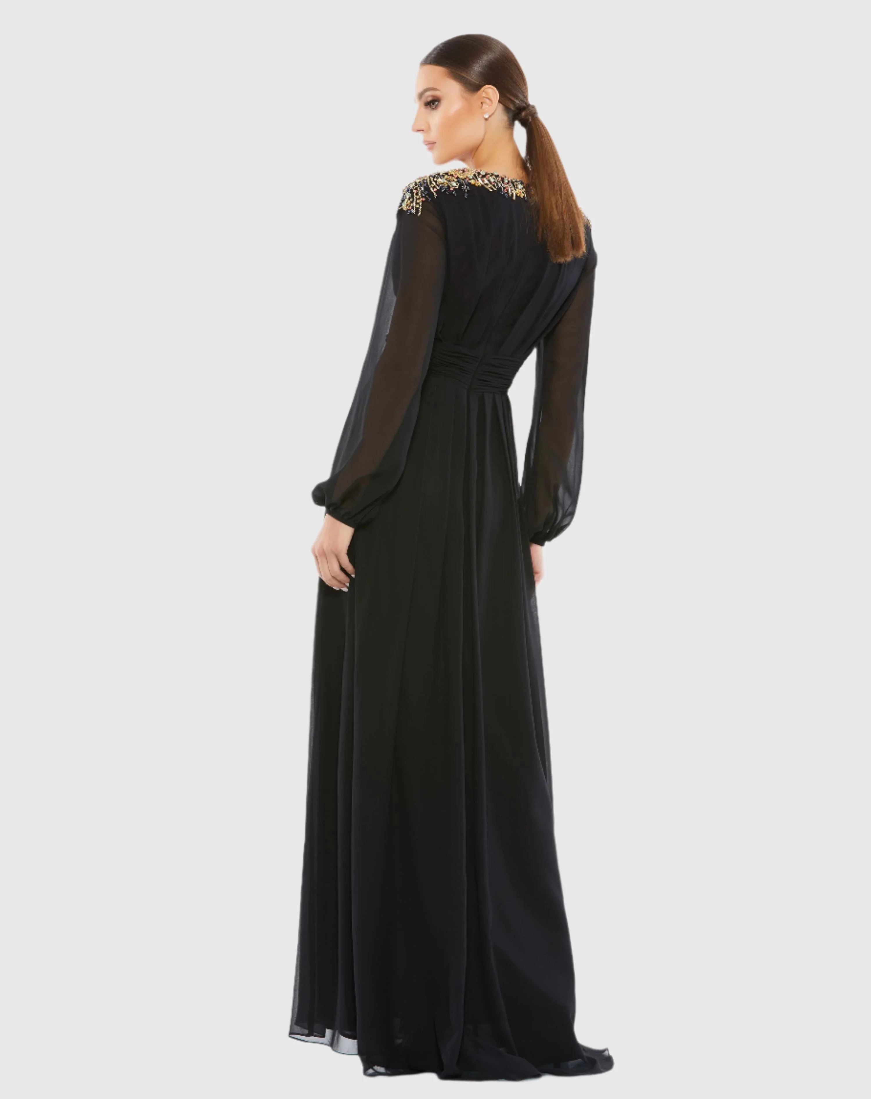 Black Embellished Shoulder Blouson Sleeve Evening Gown