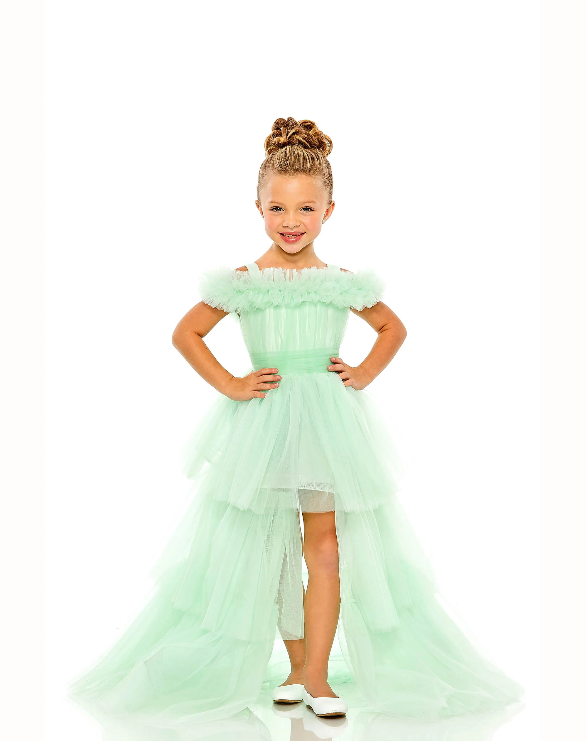 Green Girls Off the Shoulder High Low Tulle Dress