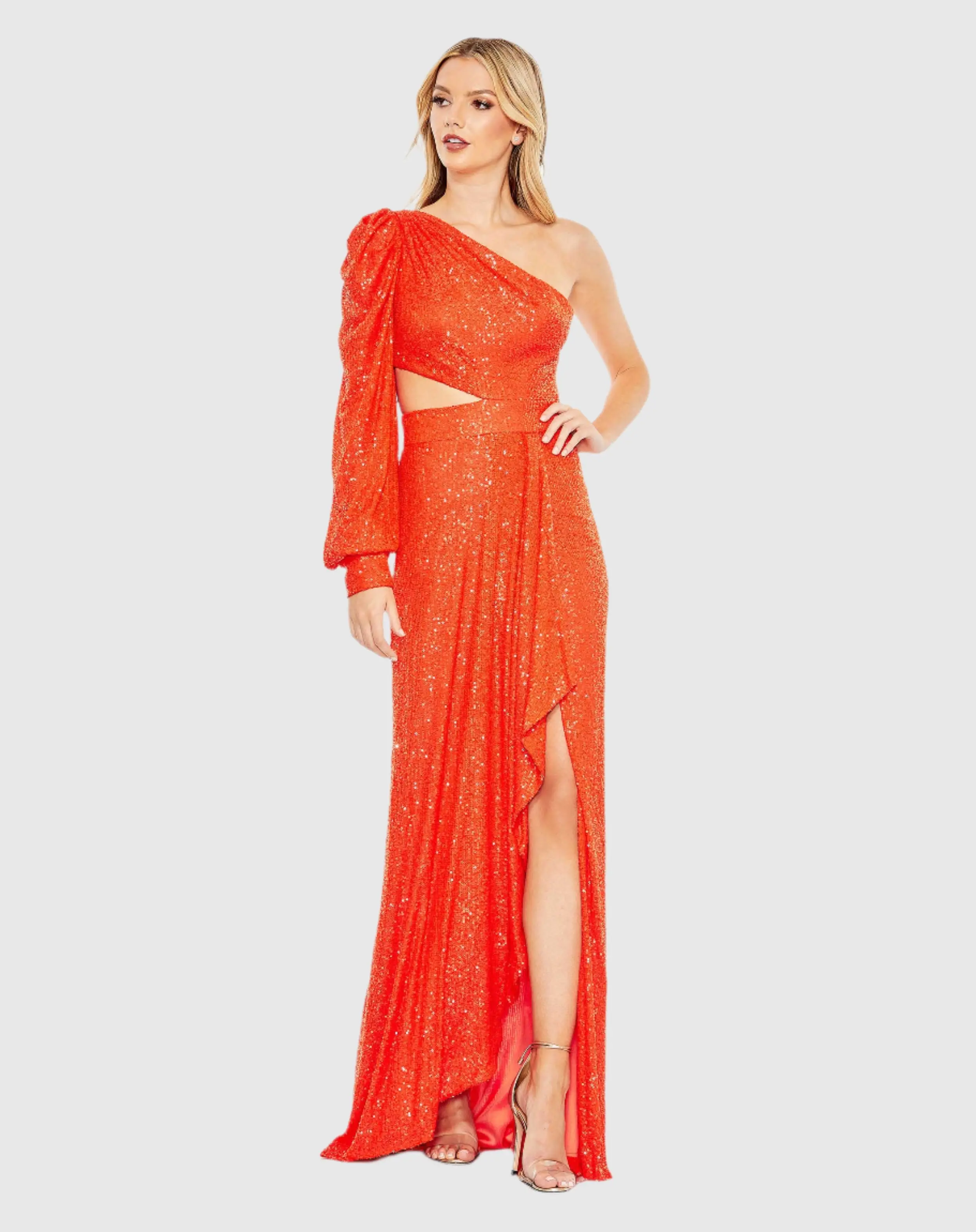 Orange Sequined One Shoulder Cut Out Gown