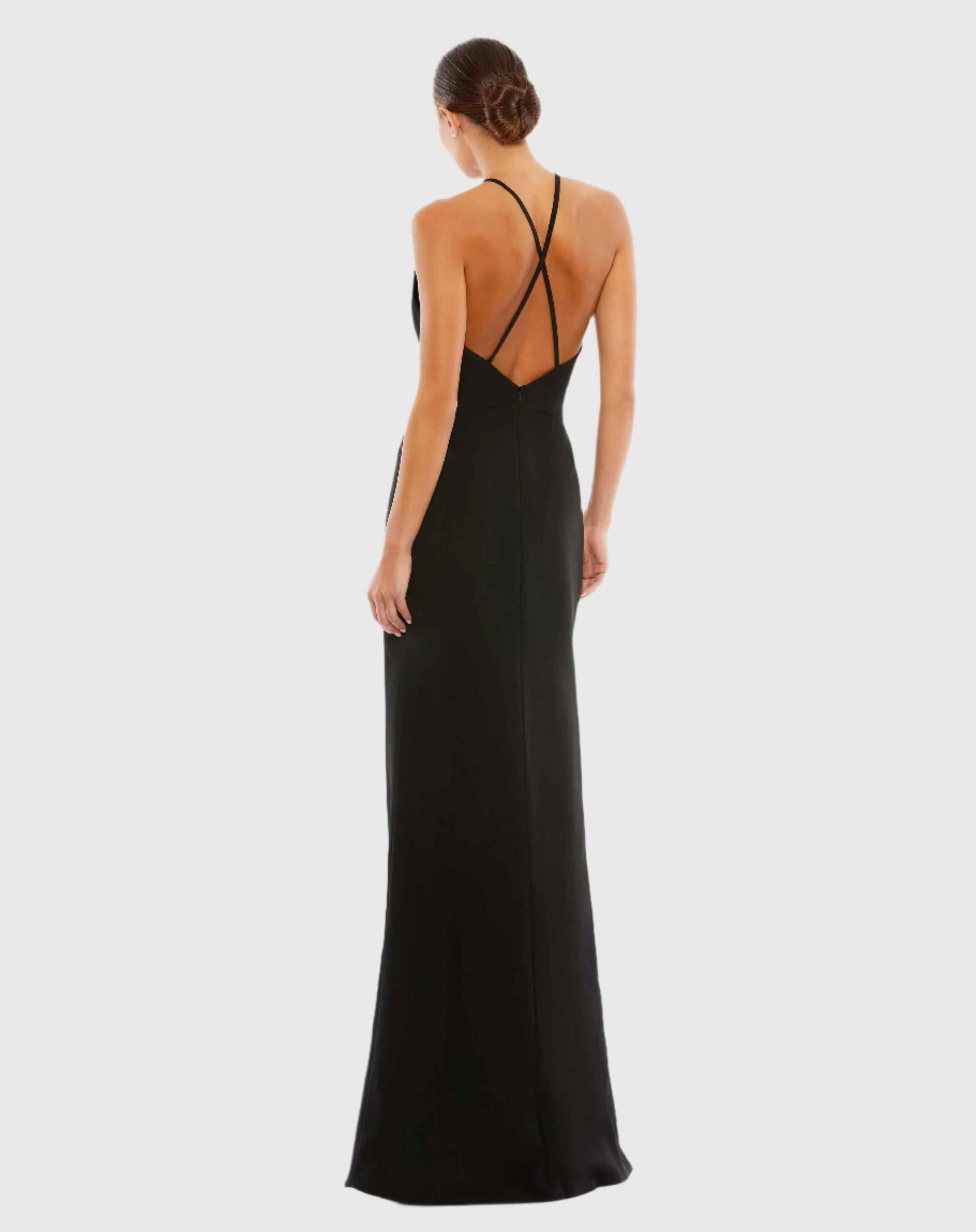 Black Bow Halter Criss-Cross Column Gown