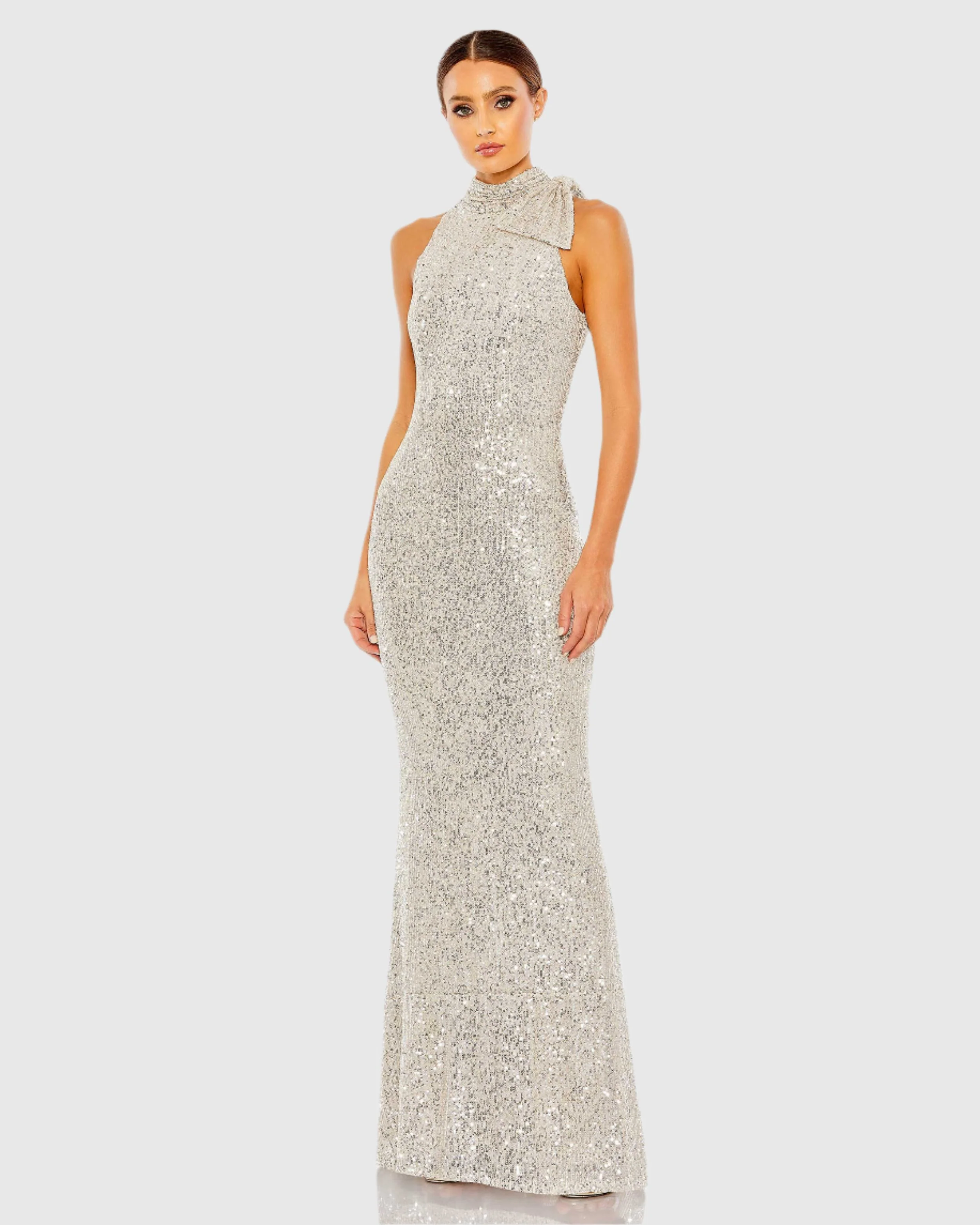 Silver Soft Tie Halter Neck Sequin Gown