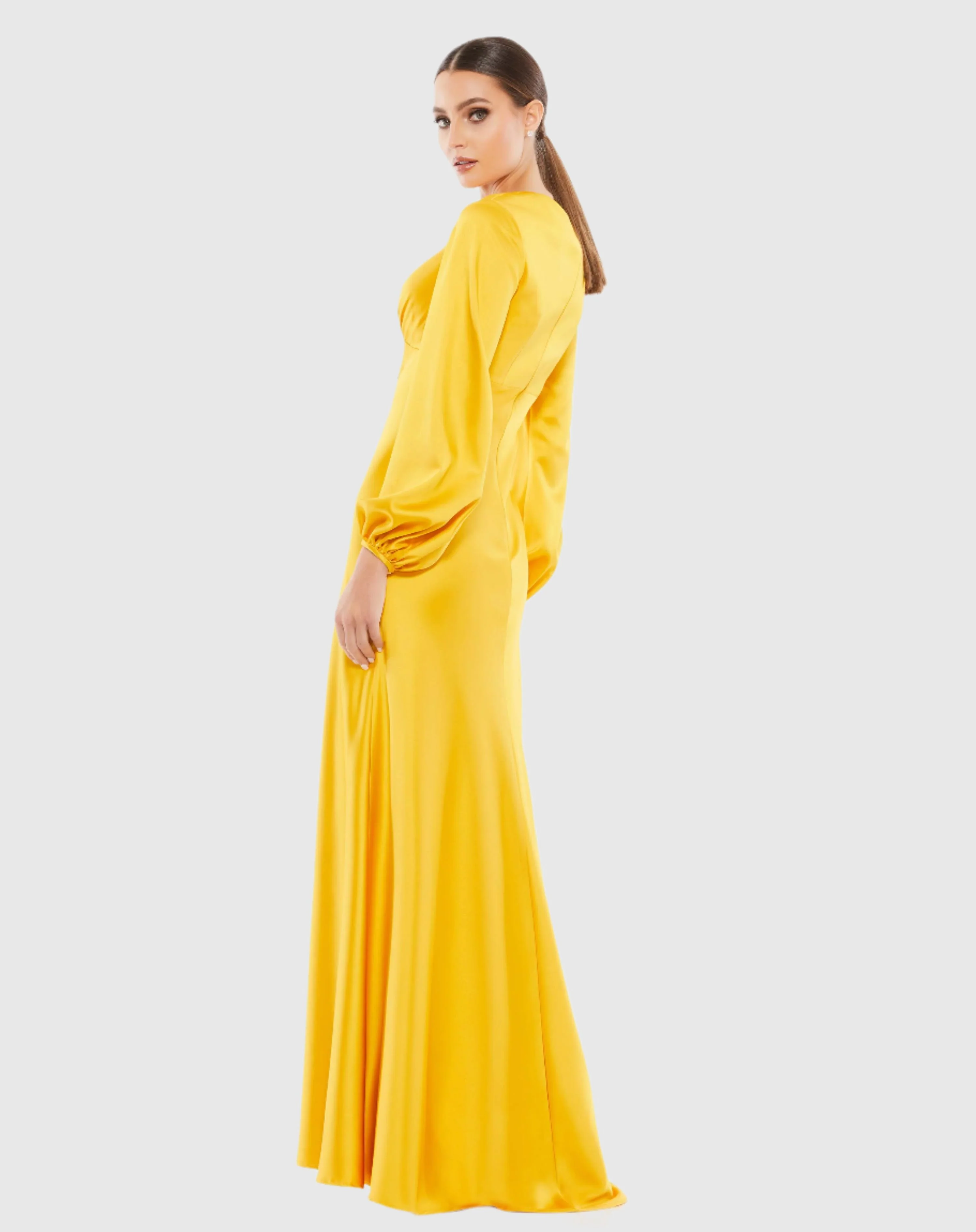 Yellow Charmeuse Empire Waist Blouson Sleeve Gown
