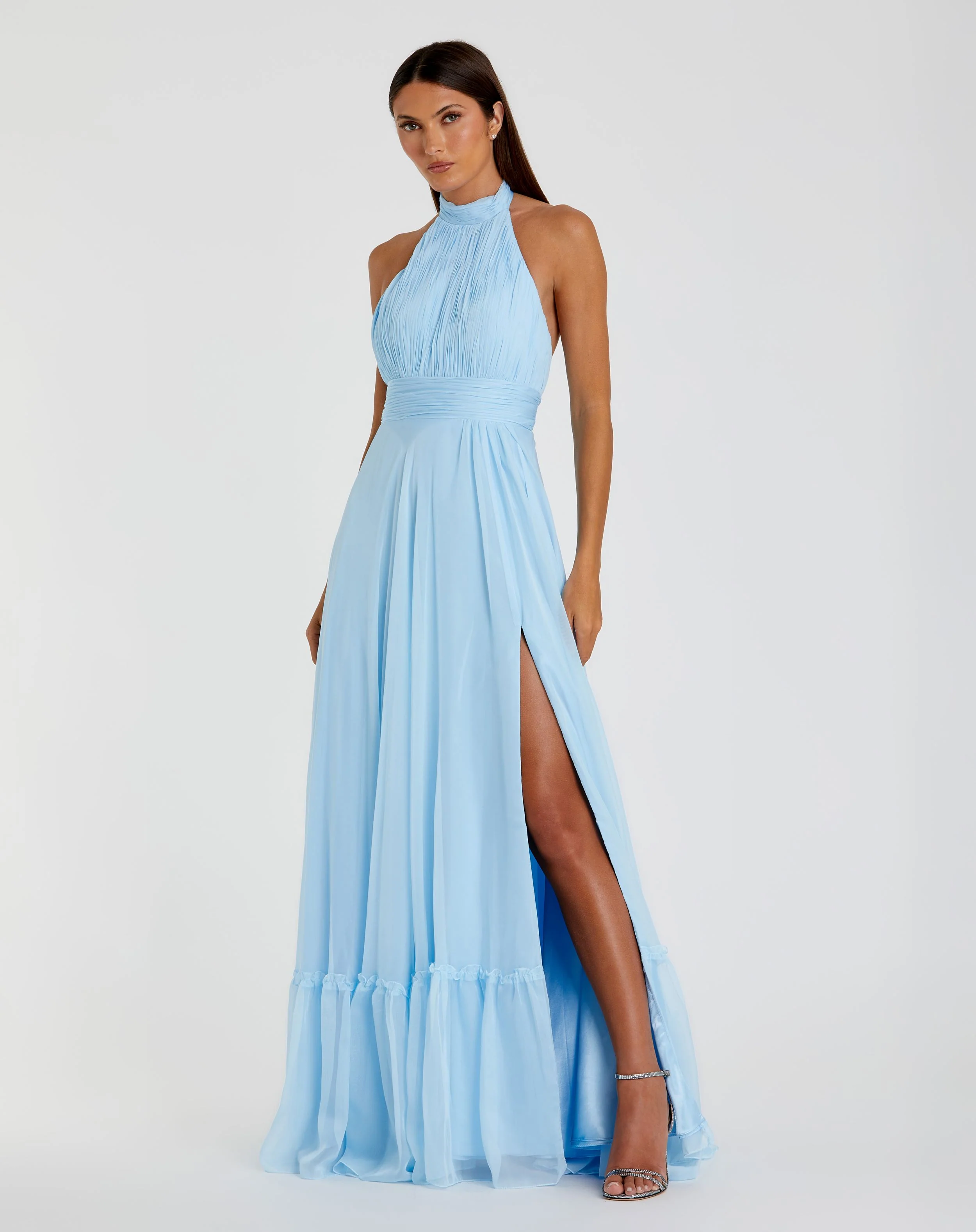 Blue High Neck Tiered Chiffon Halter Gown