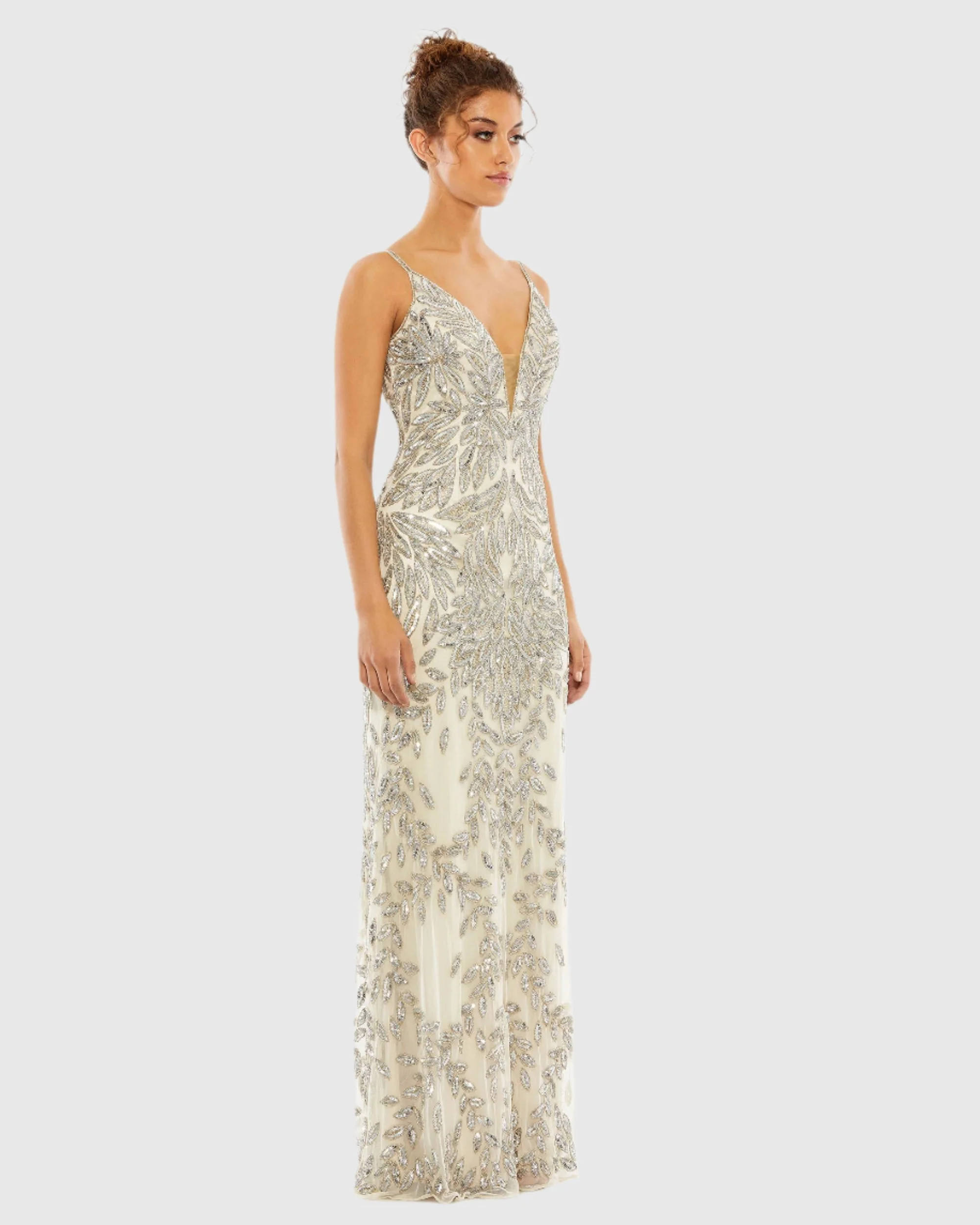 Silver Embellished Leaf Evening Gown
