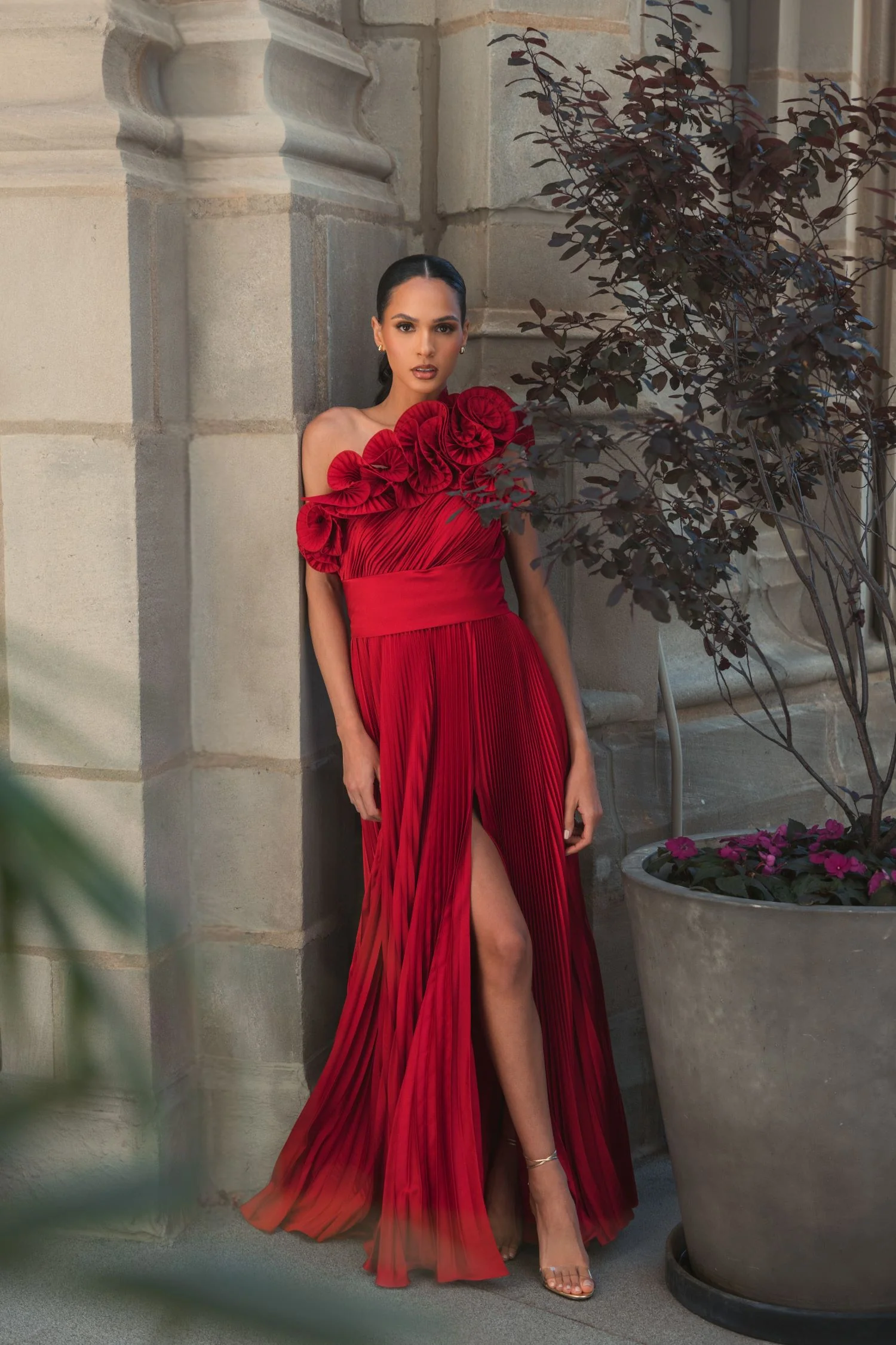 Pleated Charmeuse One Shoulder Ruffle Gown