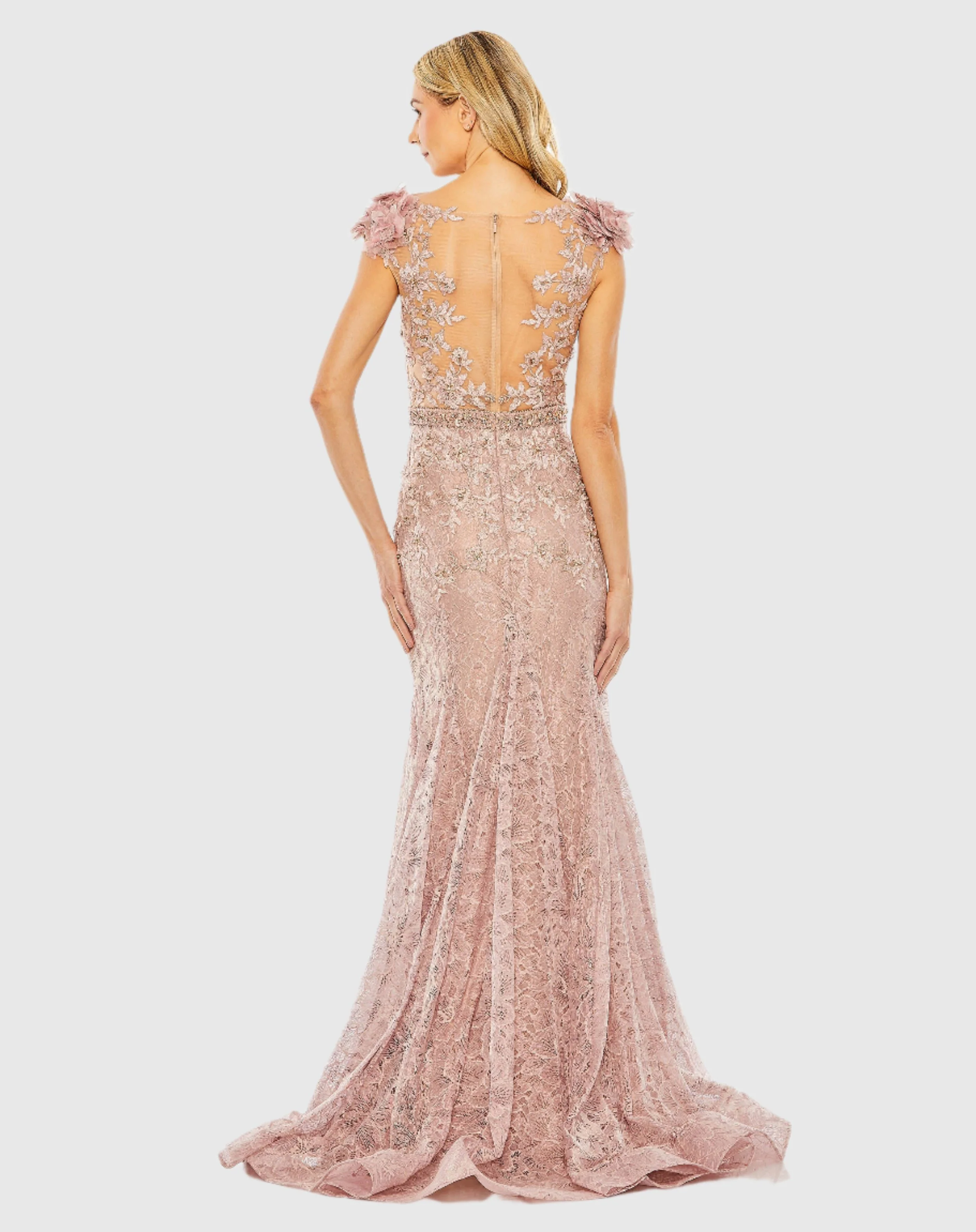 Pink High Neck Shoulder Flower Detail Mermaid Gown
