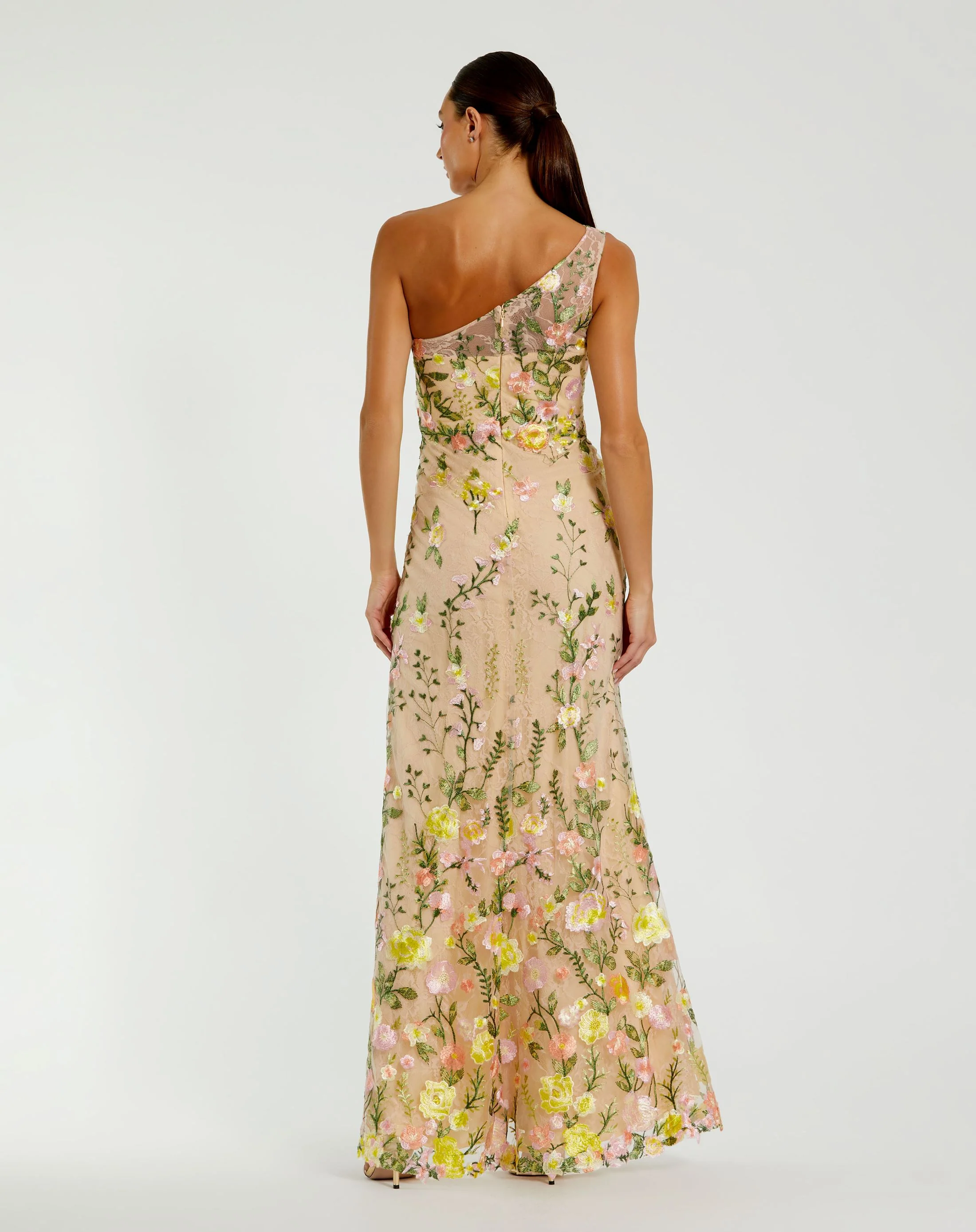 Beige One Shoulder Lace Embroidered Gown