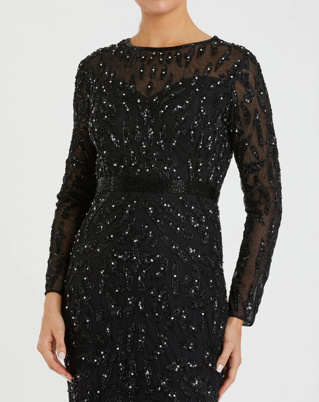 Black Beaded Long Sleeve Evening Gown