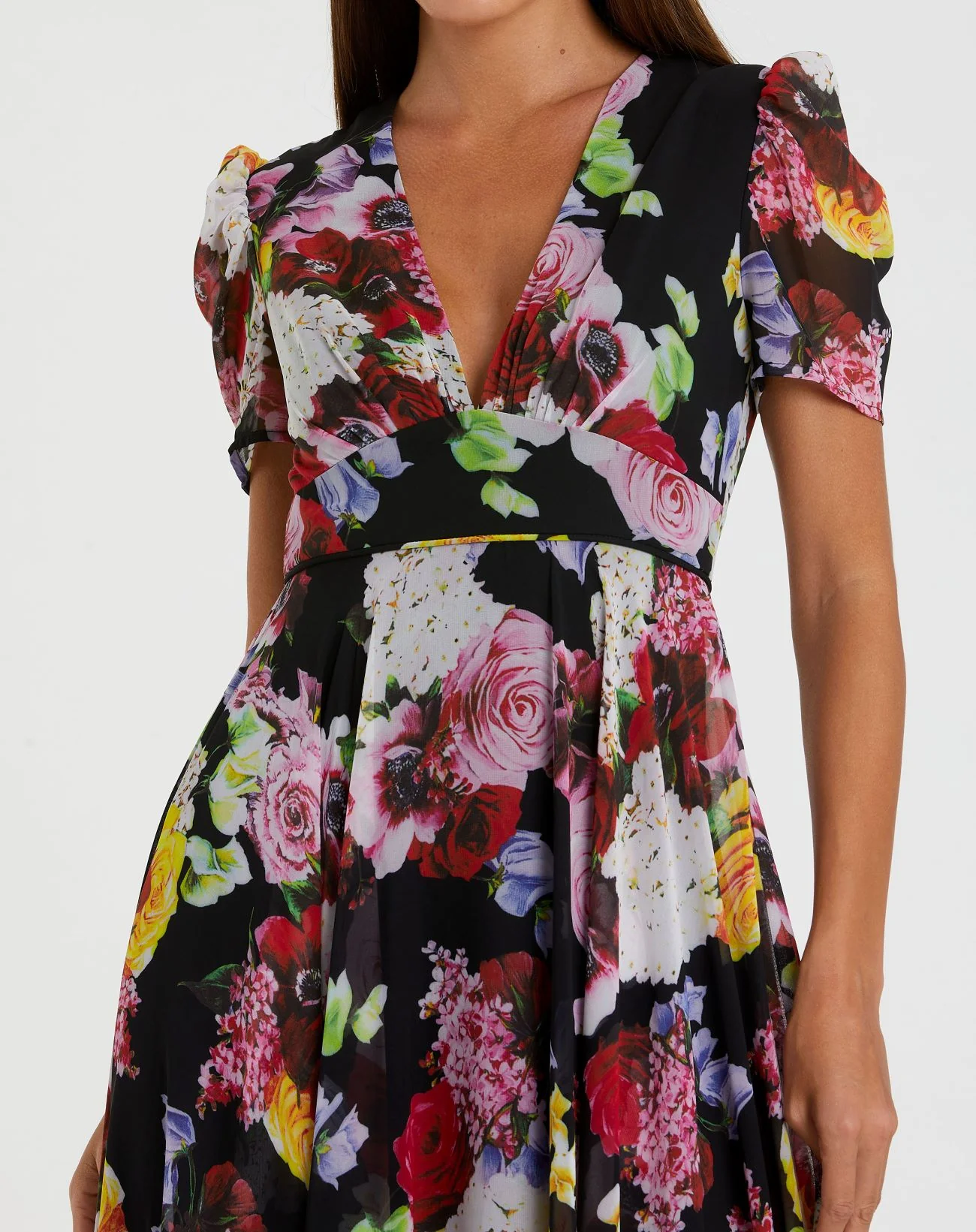 Black Floral Print Mesh Cap Sleeve Gown