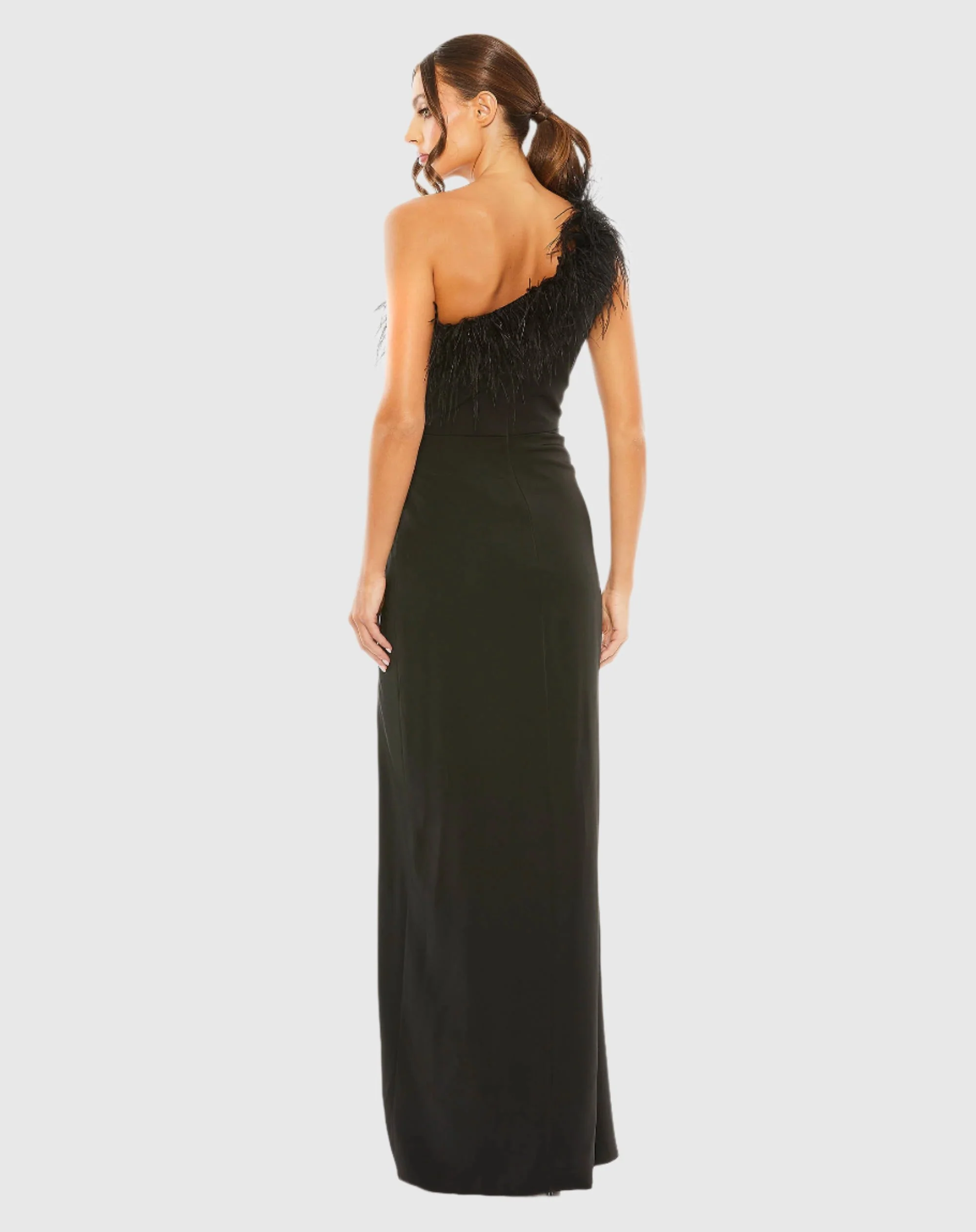 One Shoulder Feather Trim Gown