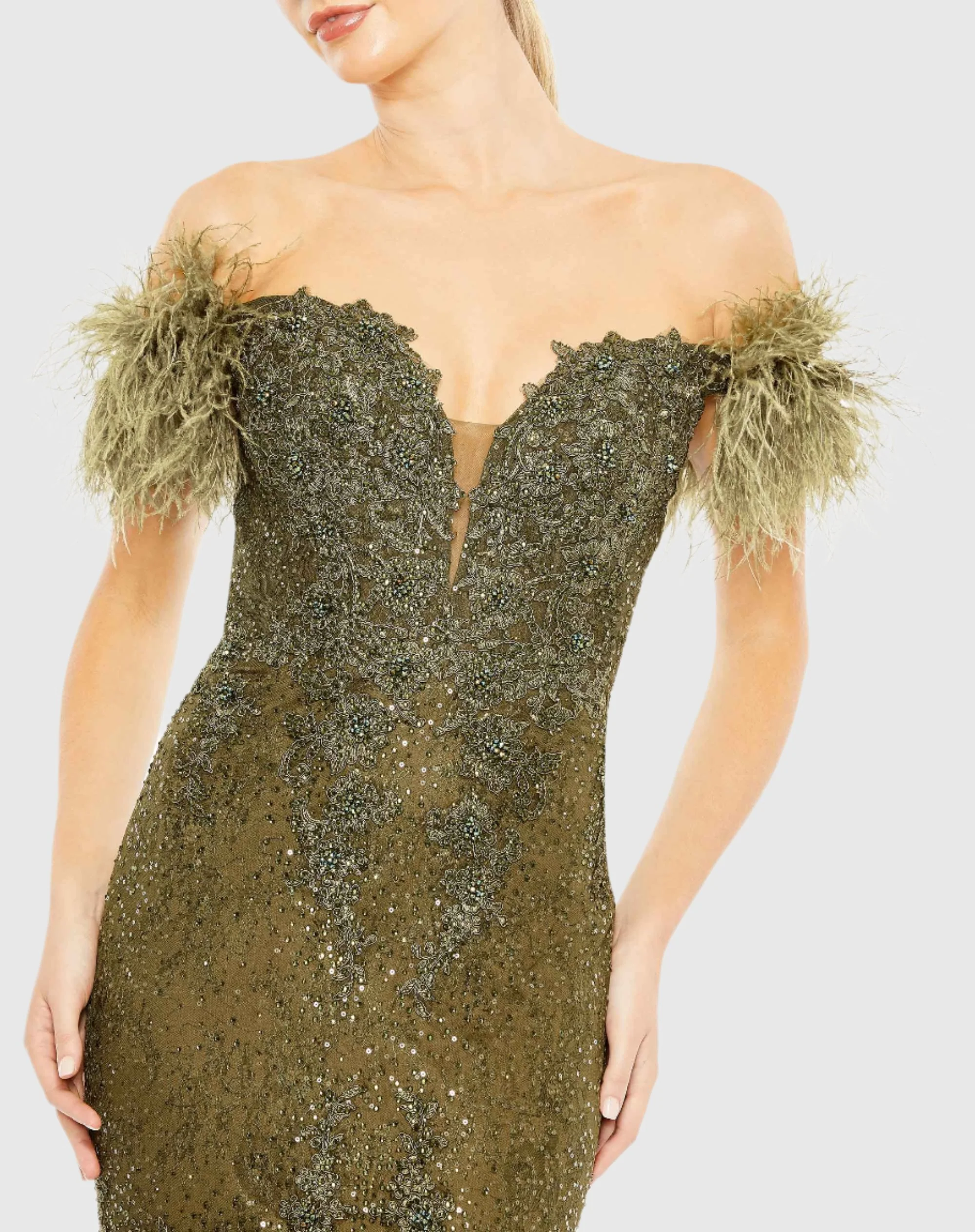 Green Feathered Crystal Embellished Sleeveless Gown