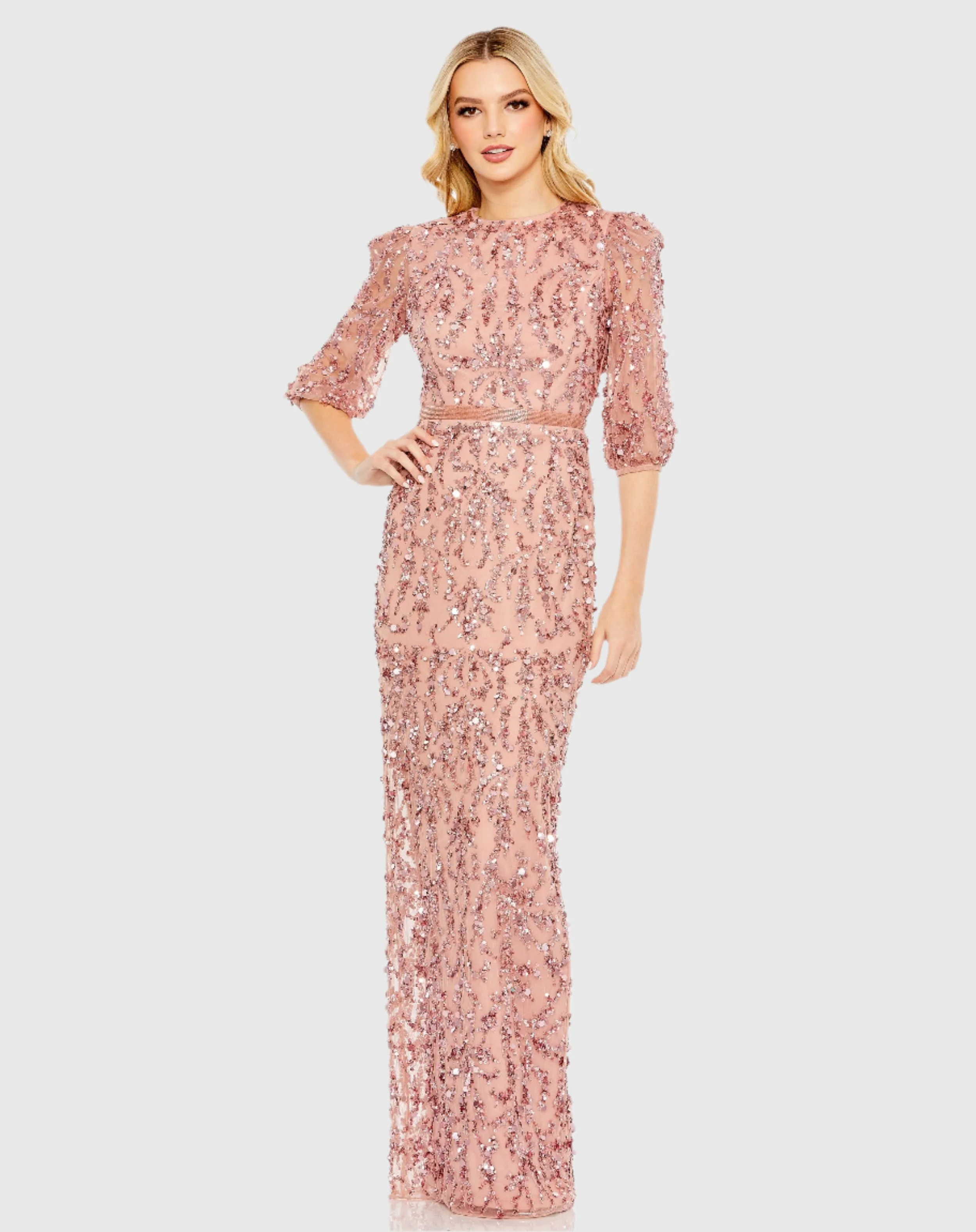 Pink Elbow Length Sleeve Embellished Gown