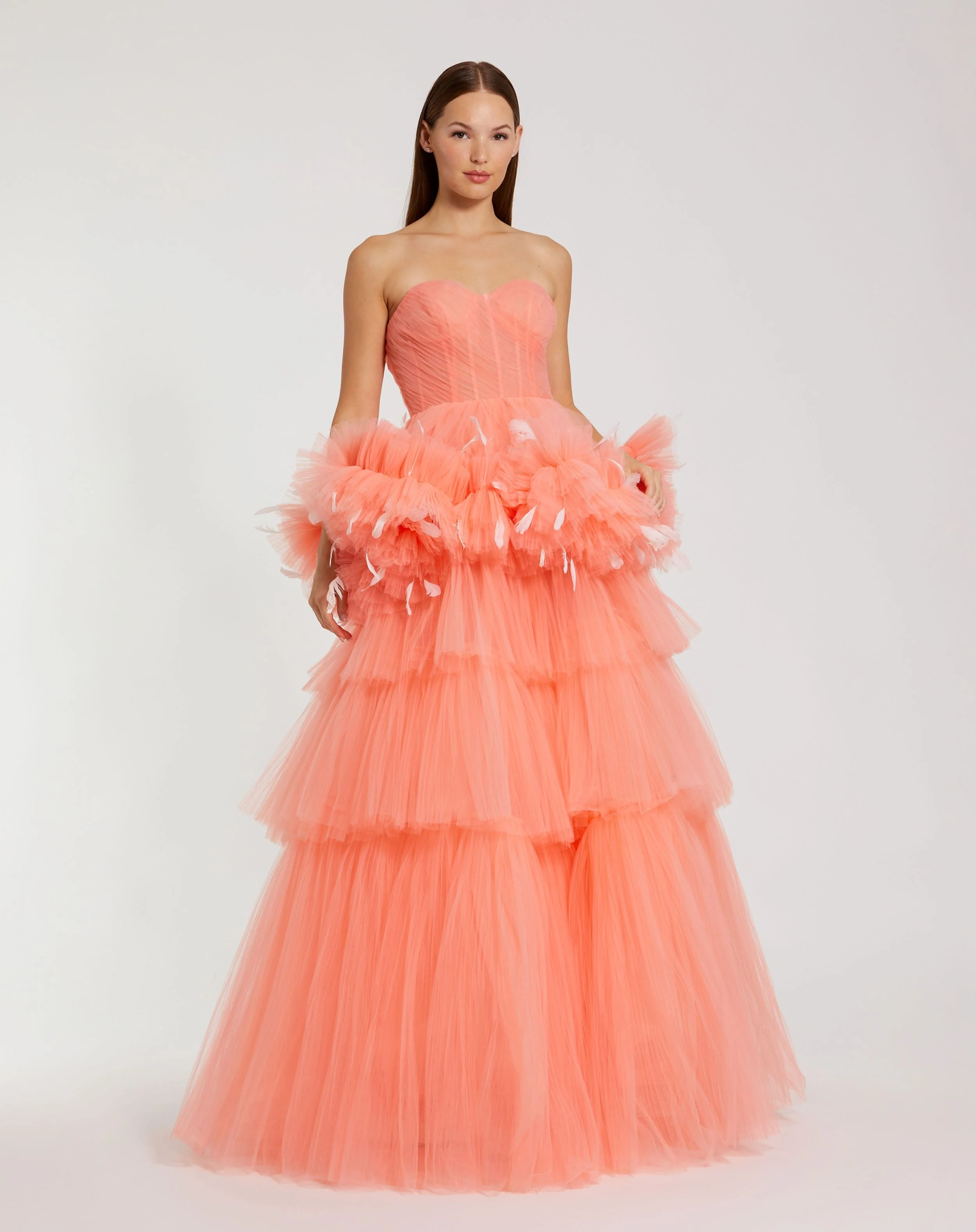 Orange Strapless Tulle Gown with Feather Detail