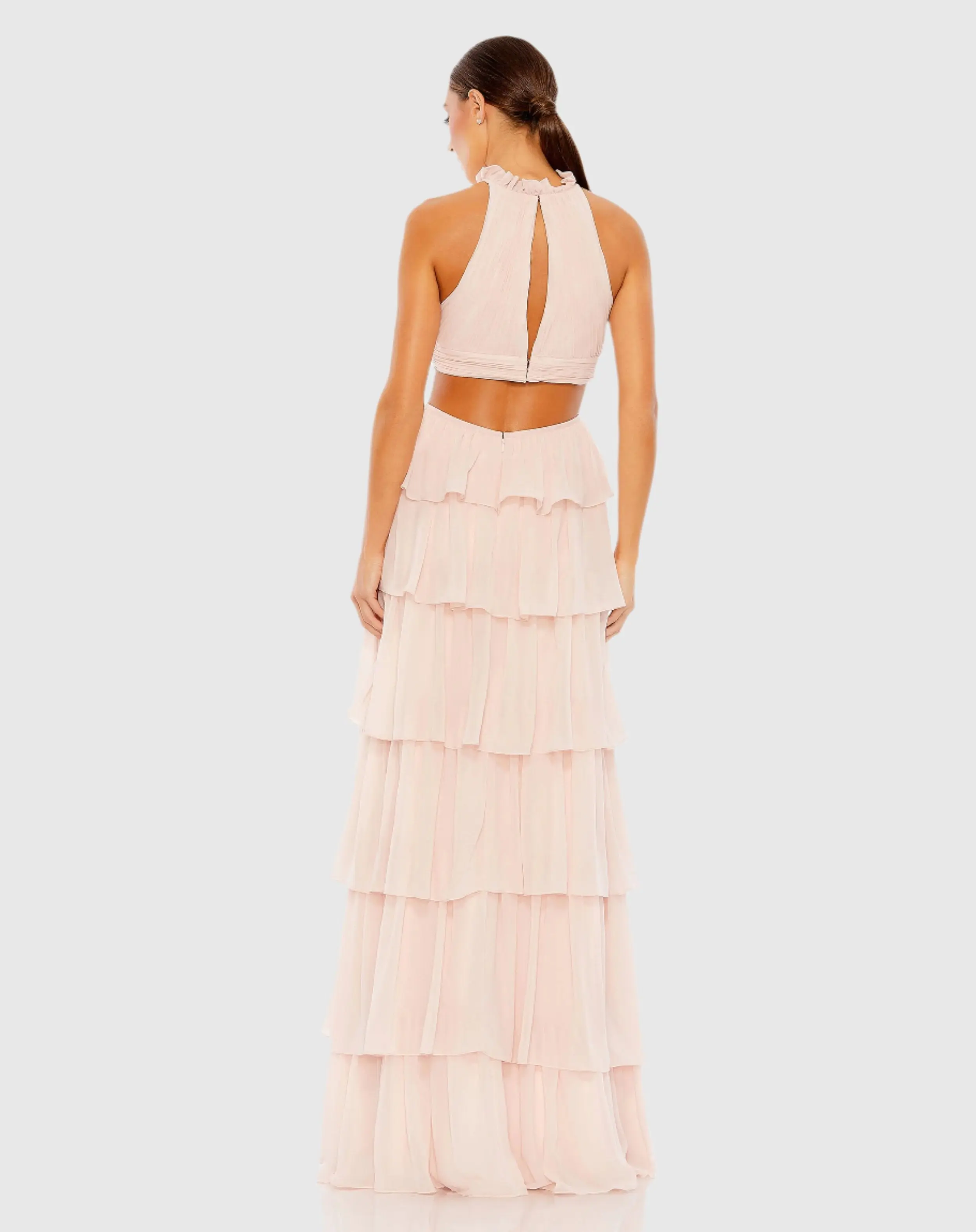 Tiered Ruffle Pleated High Neck Gown