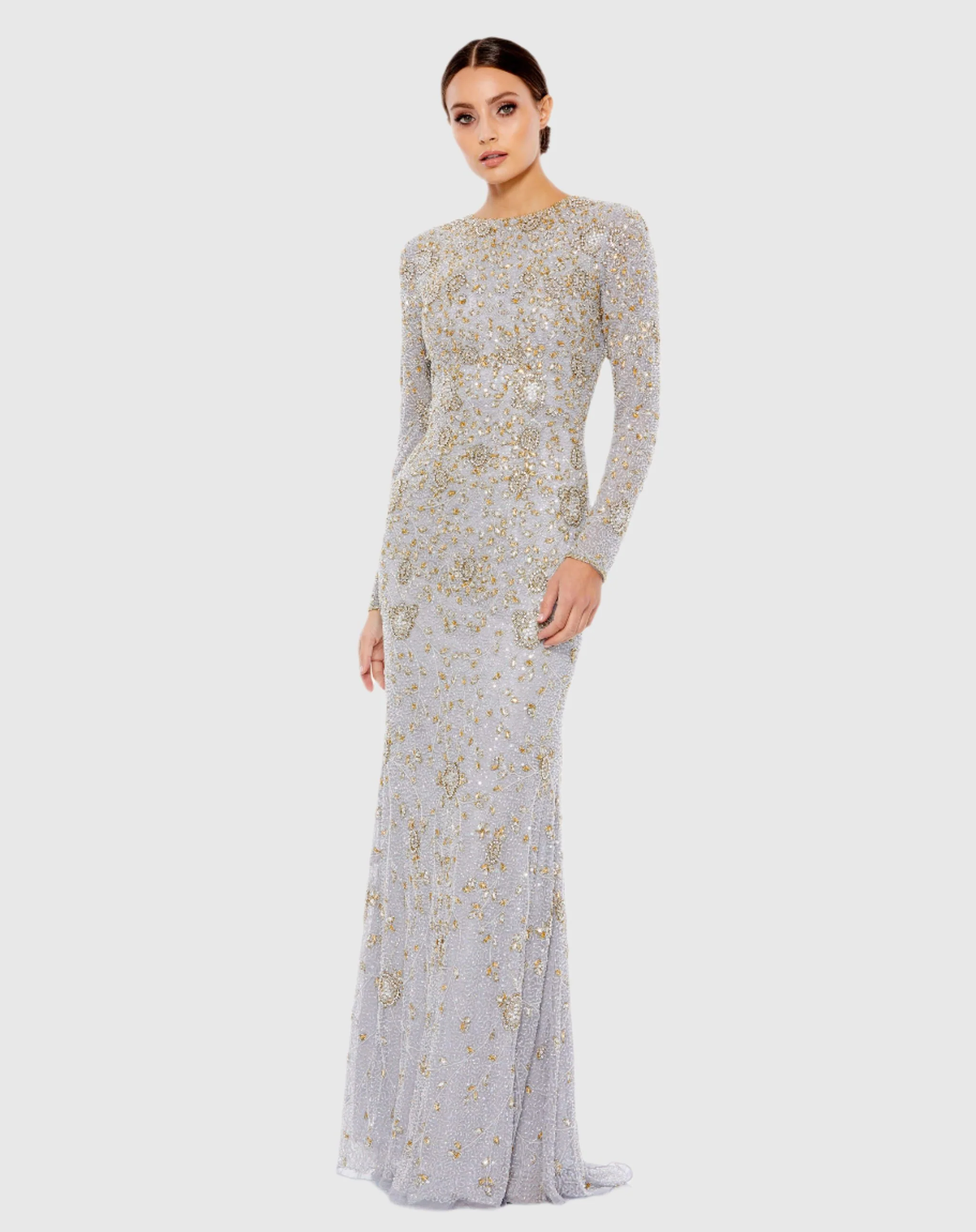 Two Tone Beaded High Neck Long Sleeve Gown