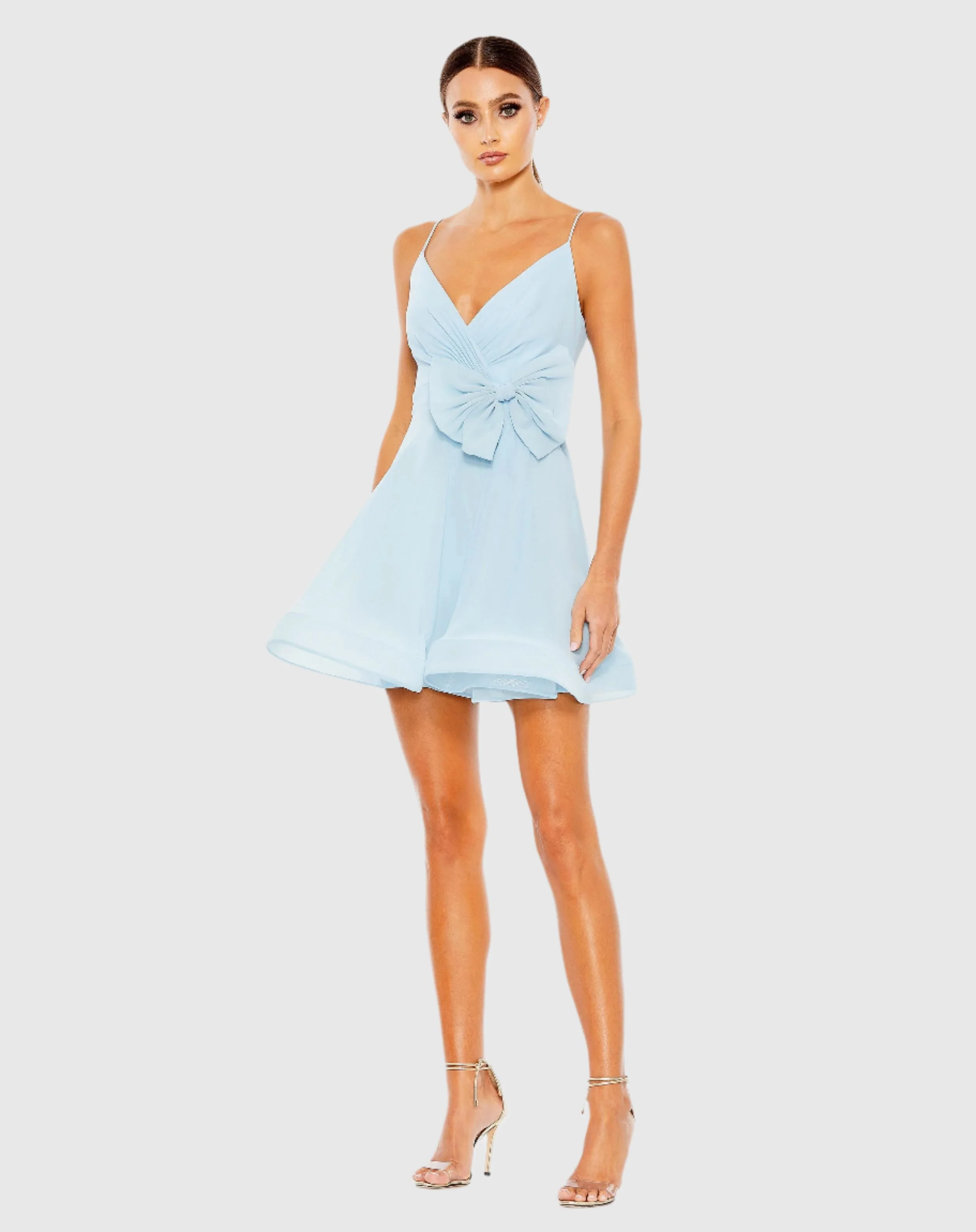 Blue Faux Wrap Bow Detail Flowy Mini Dress