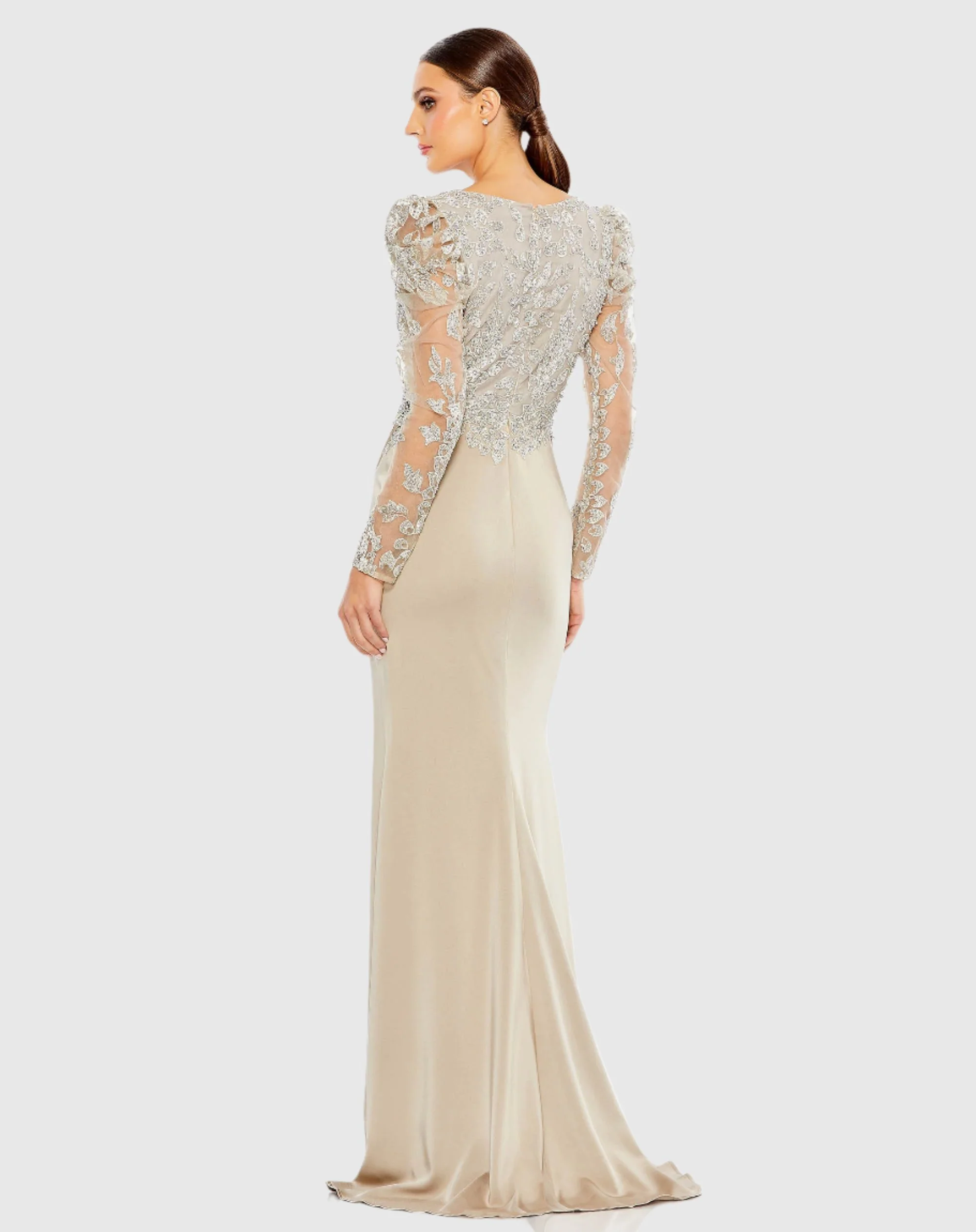 Embellished Faux Wrap Illusion Puff Sleeve Gown