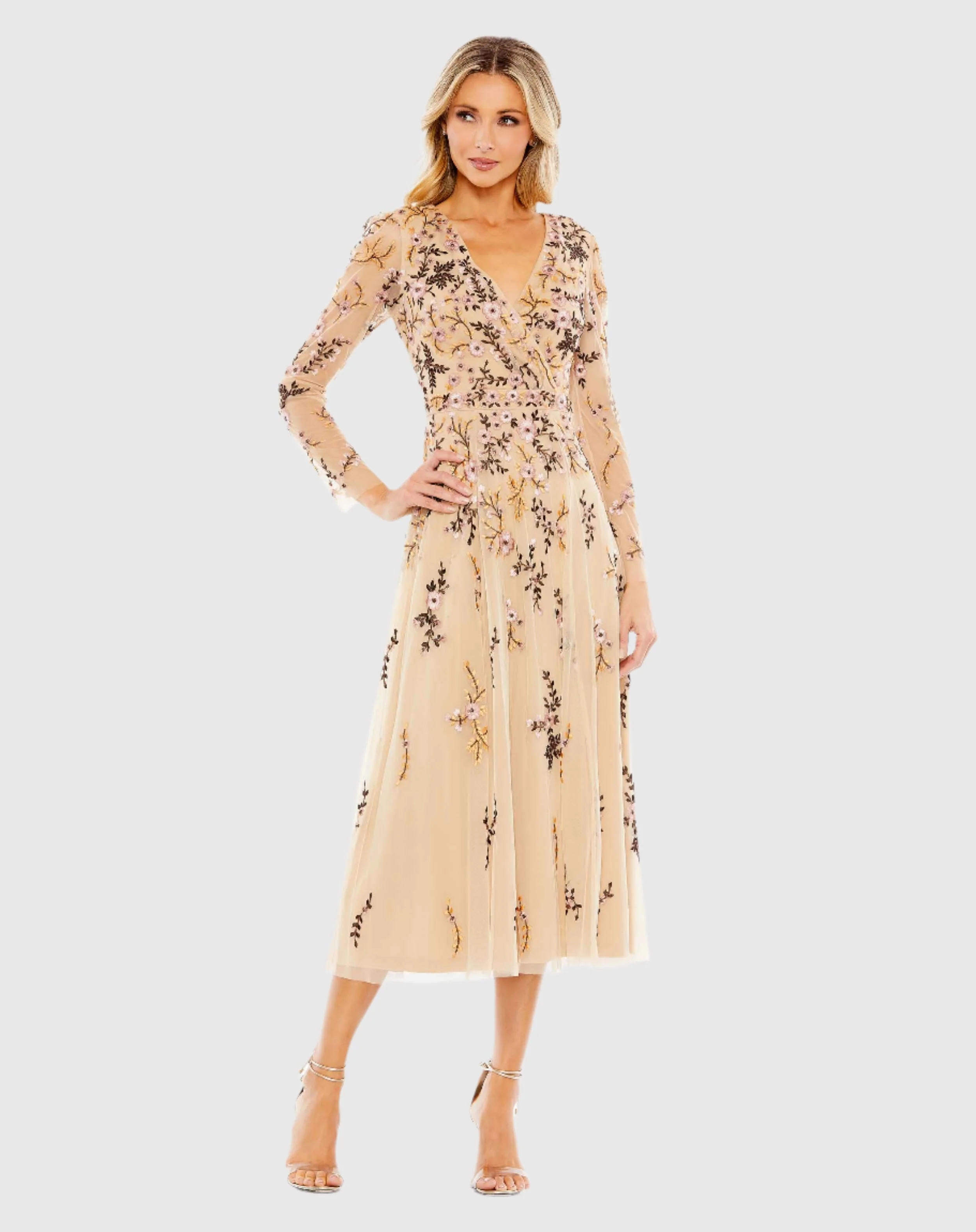Beige Multicolor Floral Embroidered A-Line Cocktail Dress
