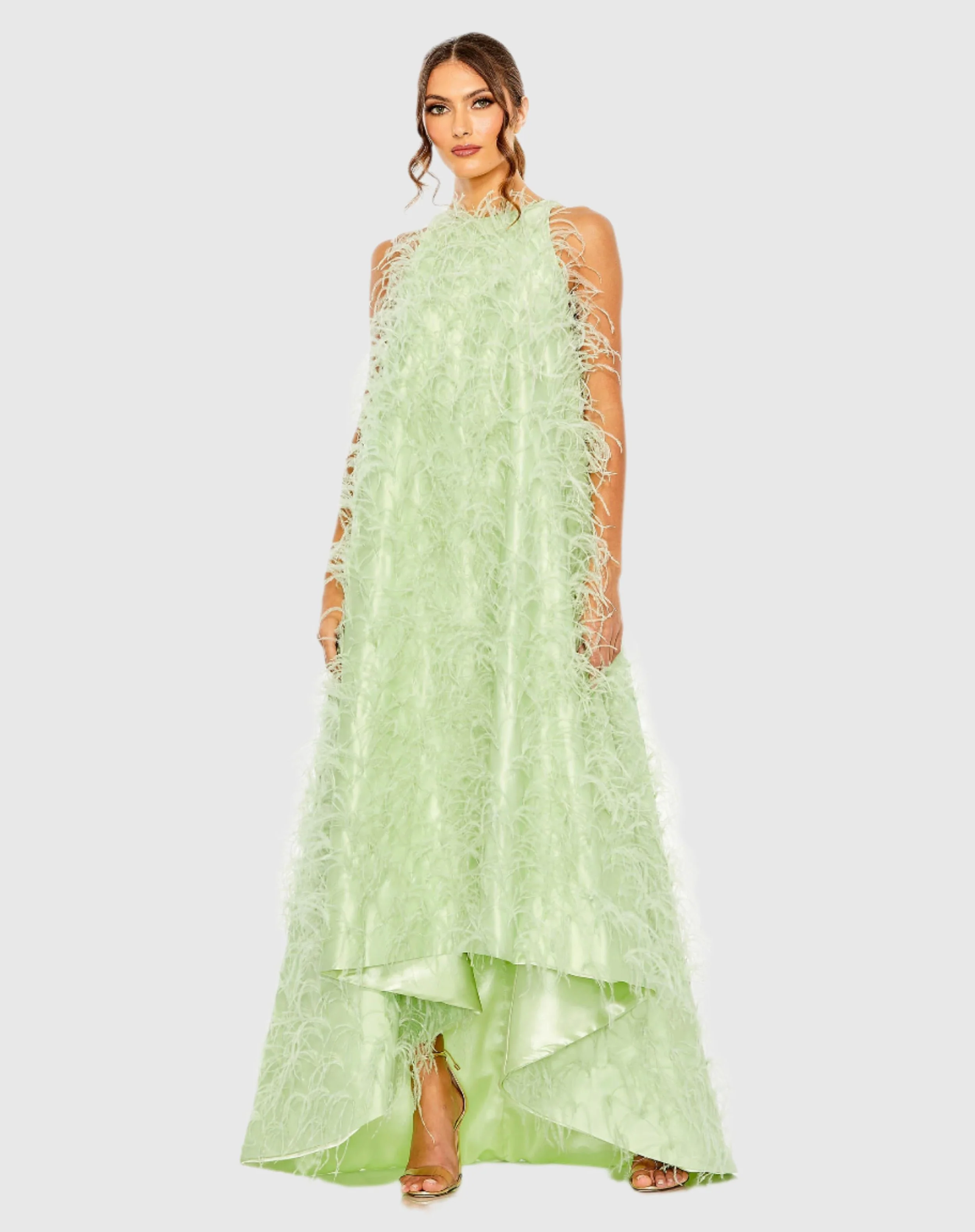 Green Sleeveless Feather Embellished Gown