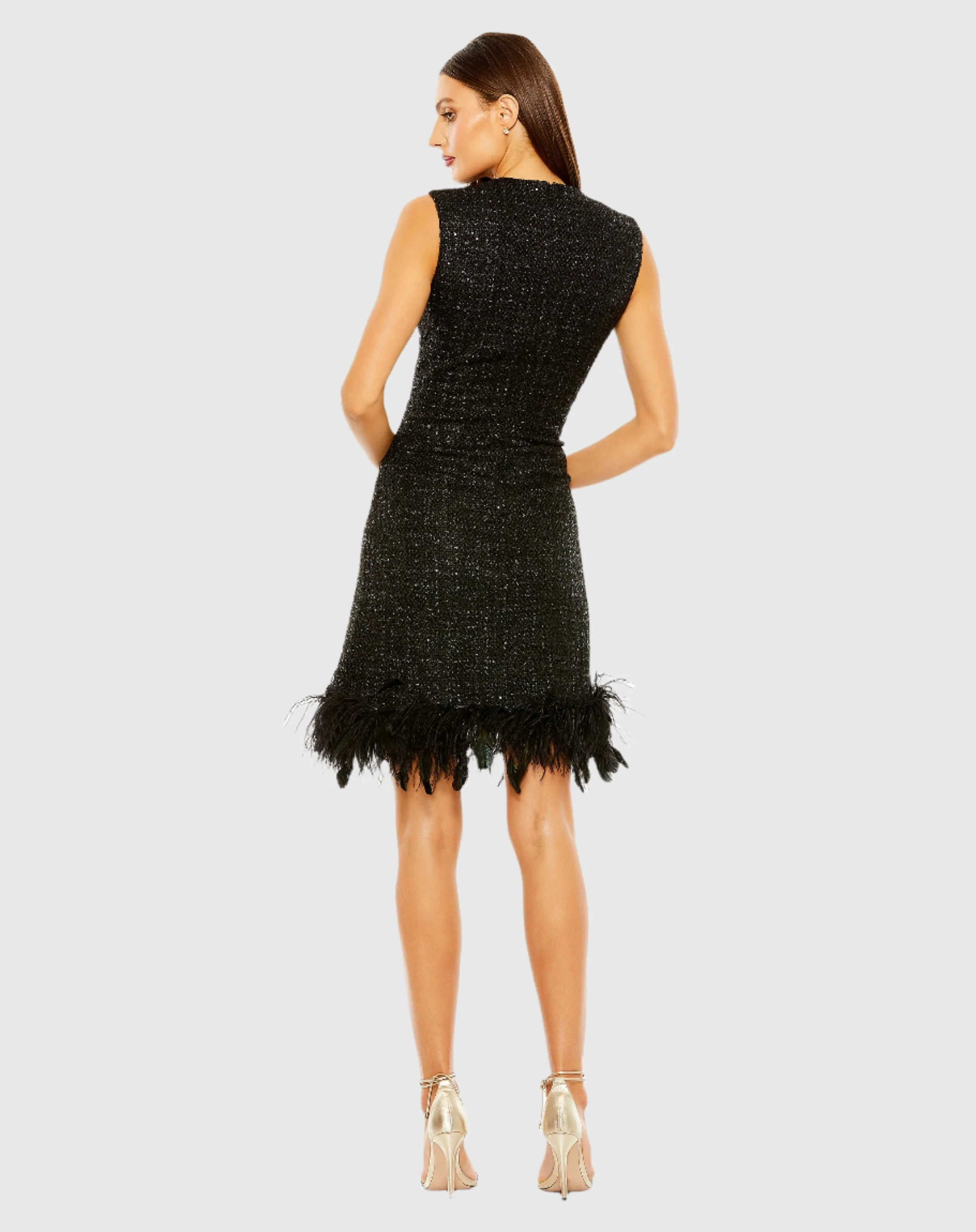 Black A-Line Shift Dress with Feather Trim