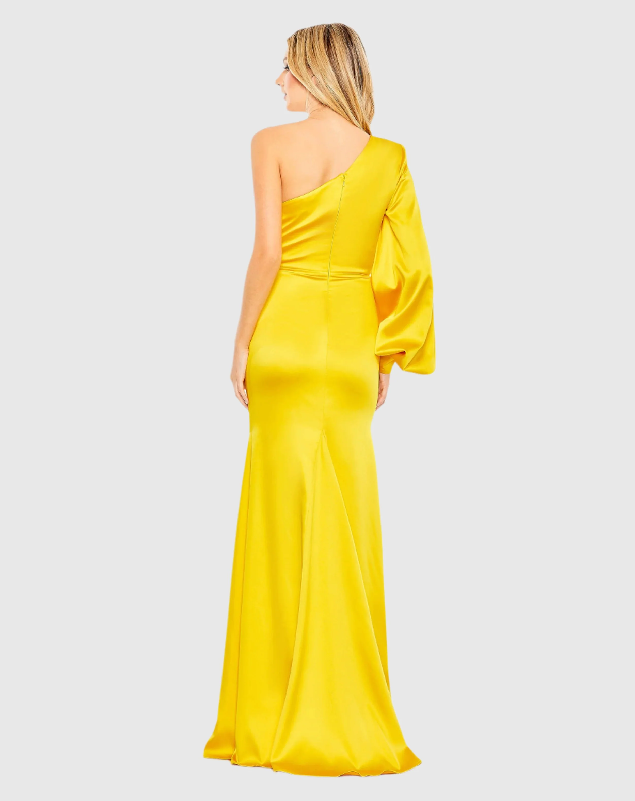 Yellow One Shoulder Bishop Sleeve Trumpet Gown