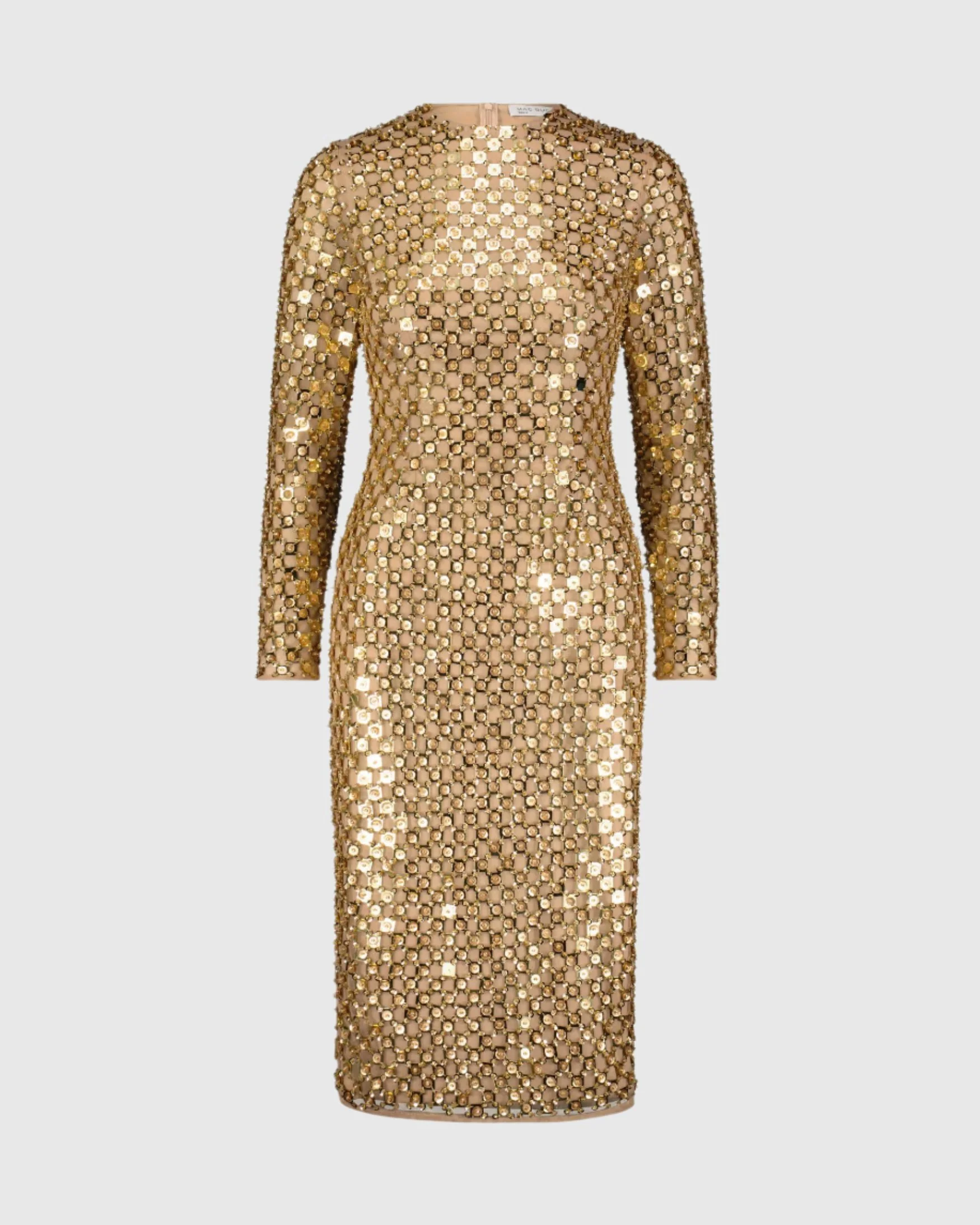 Gold Beaded Georgette Long Sleeve Fitted Midi Dress