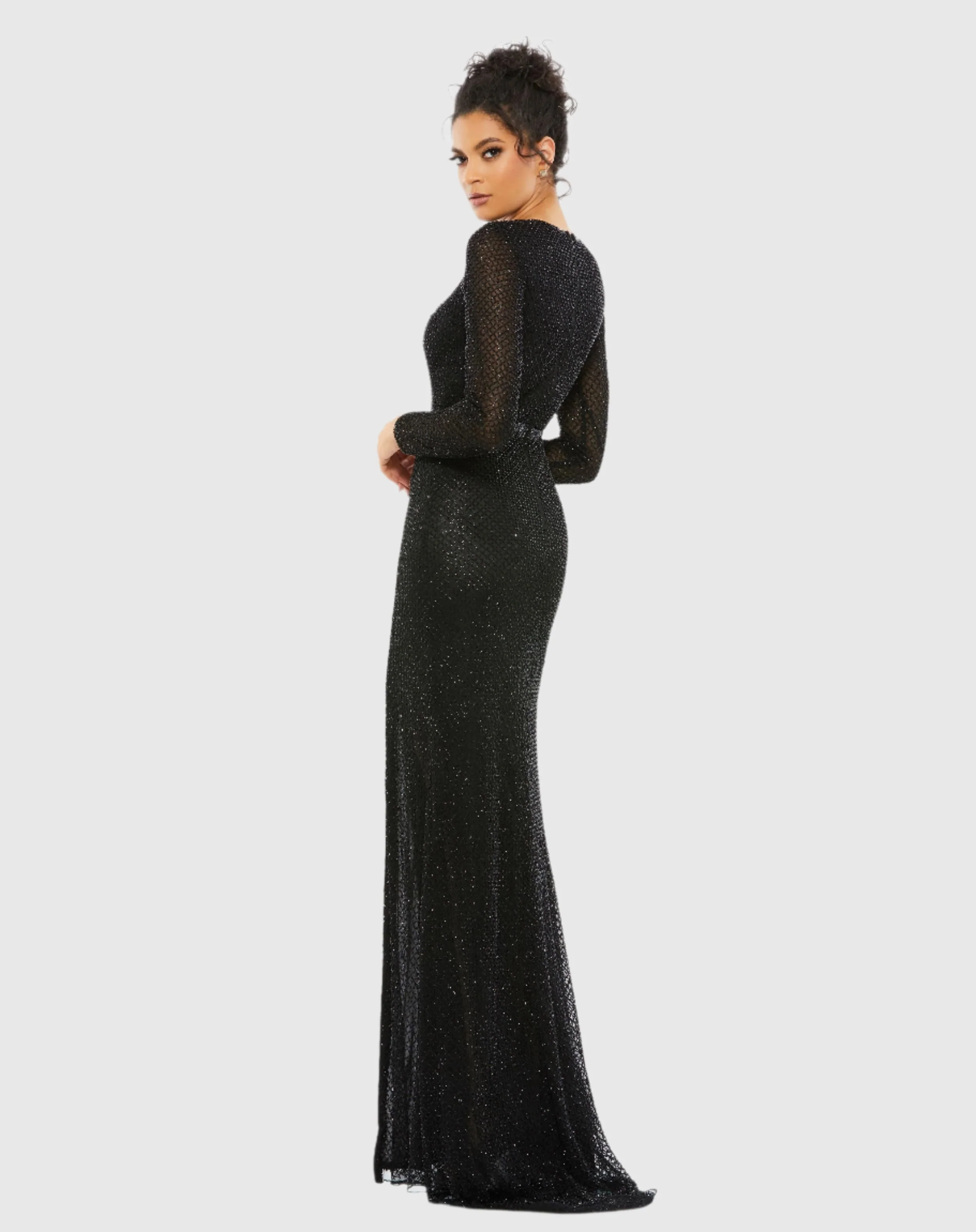 Black Beaded High Neck Long Sleeve Gown With Detailed Belt