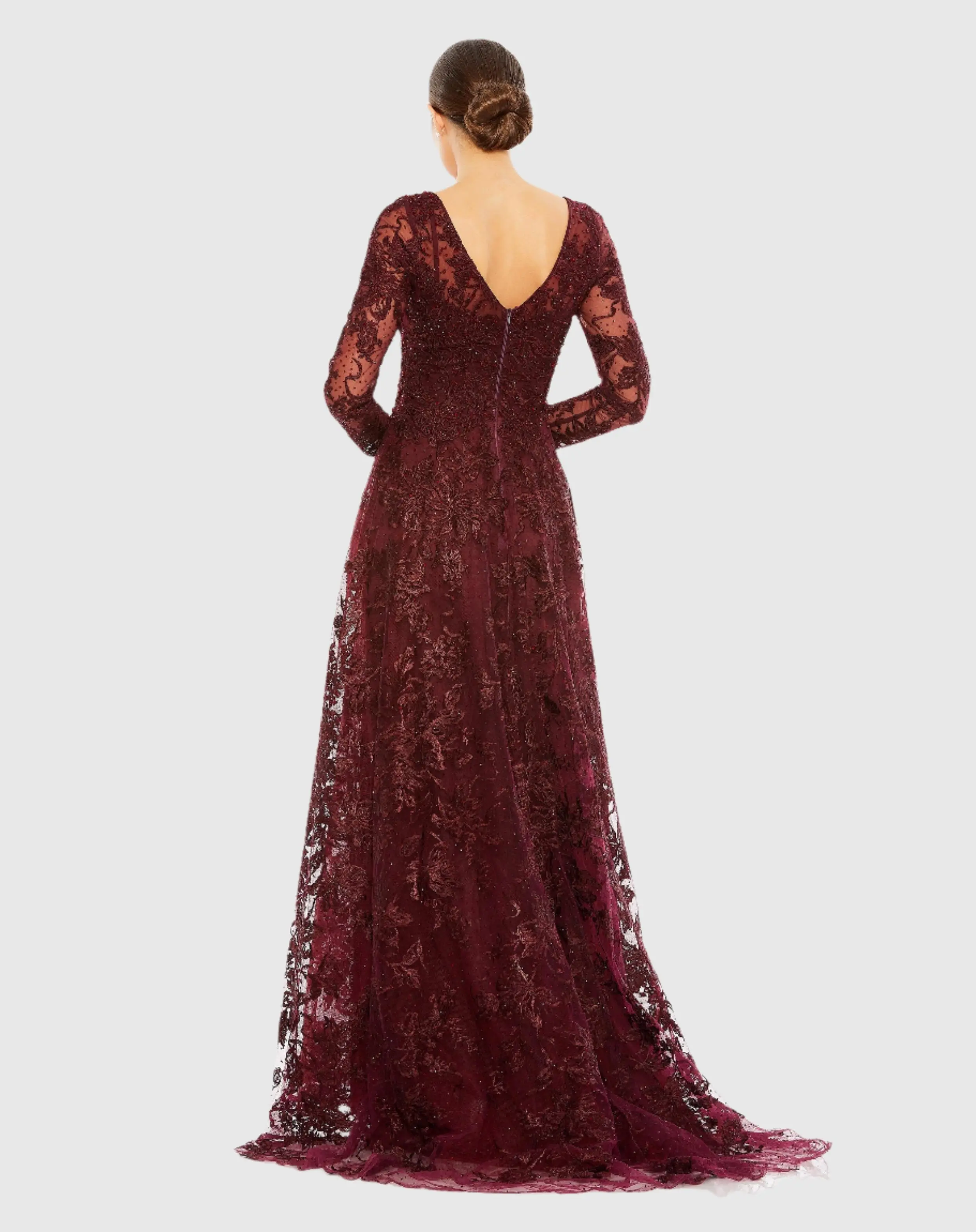 Embroidered Illusion Long Sleeve V Neck Gown
