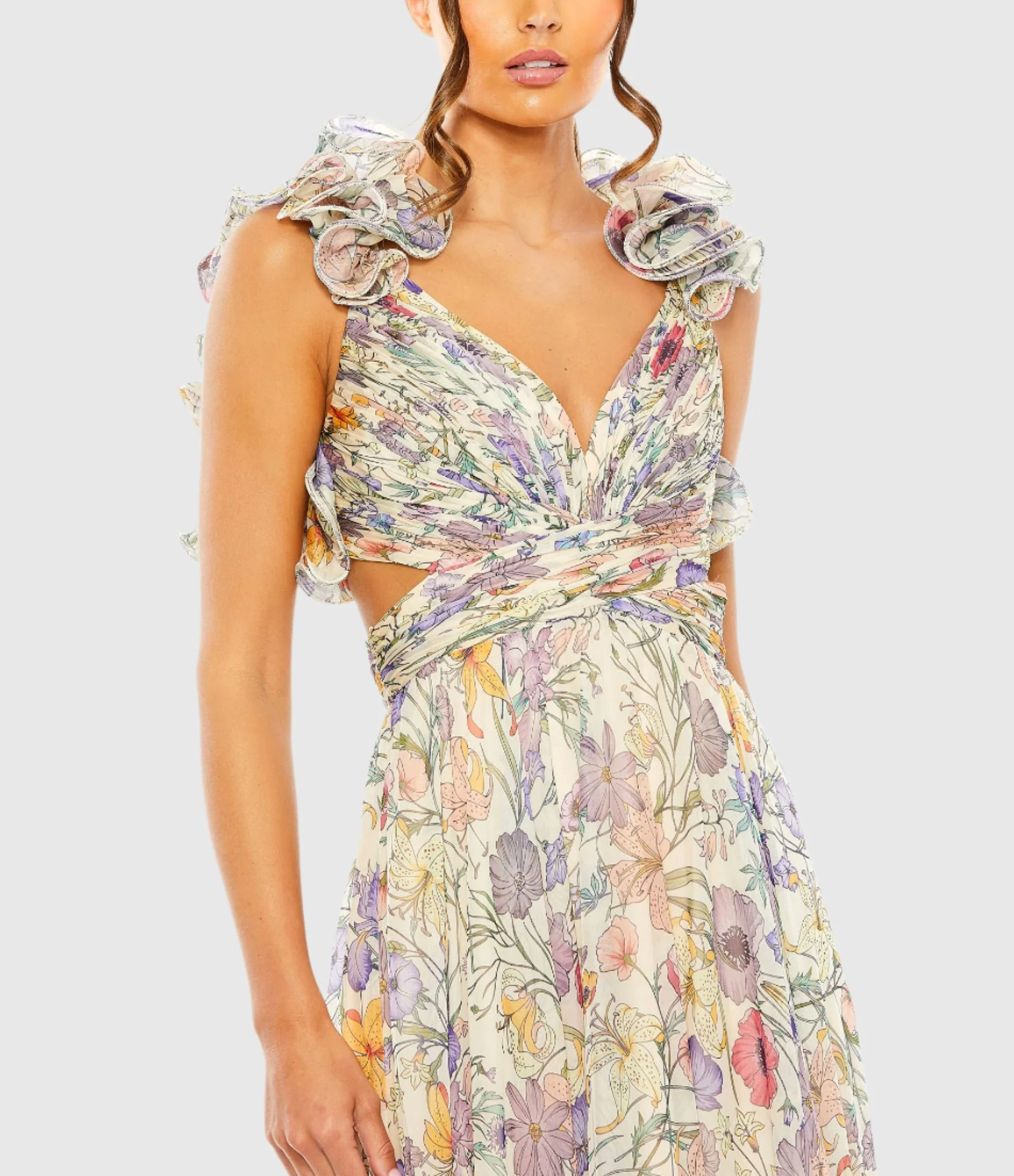 Floral Print Ruffle Tiered Cut-Out Chiffon Gown