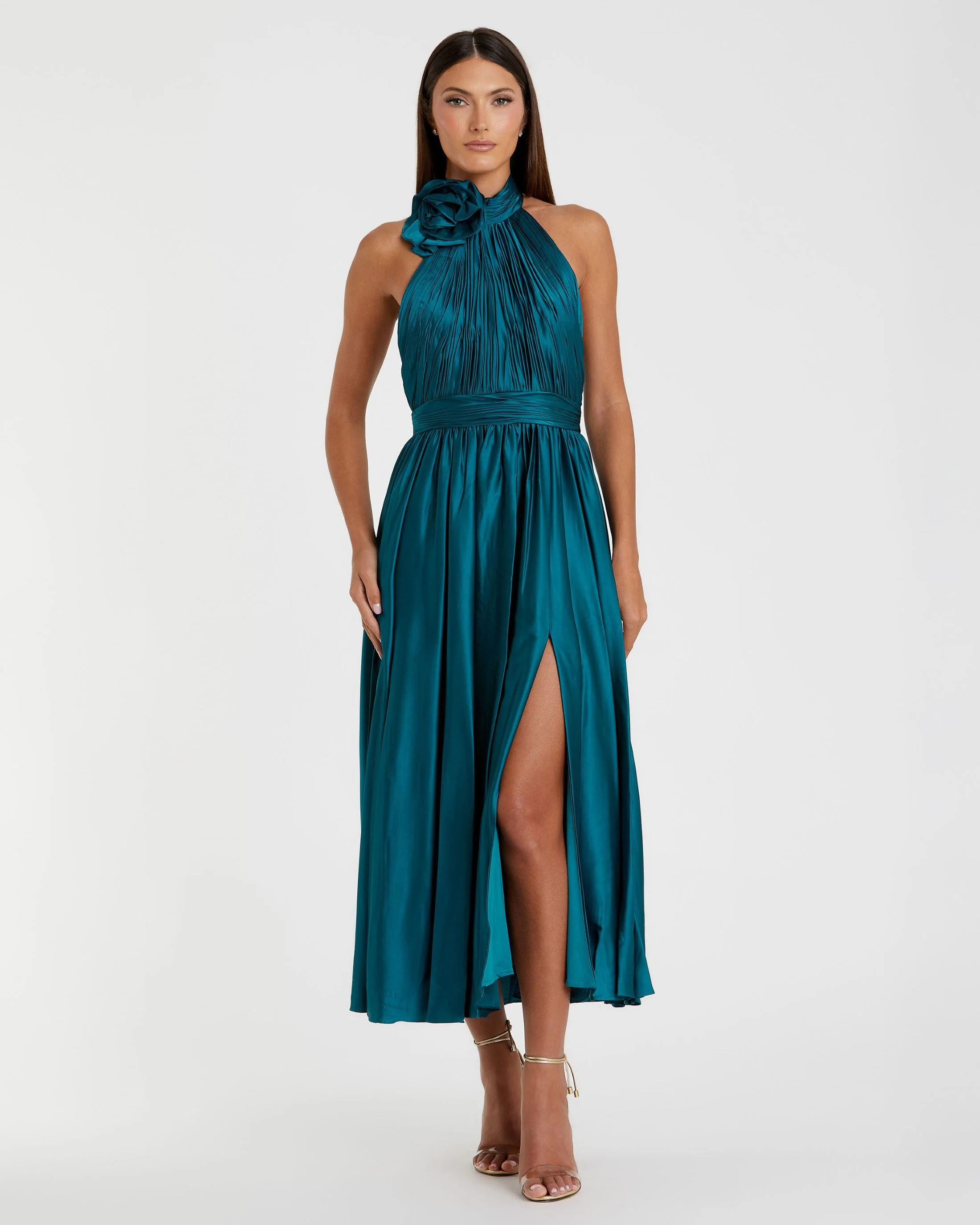 Teal Pleated Charmeuse High Neck Sleeveless Midi Dress