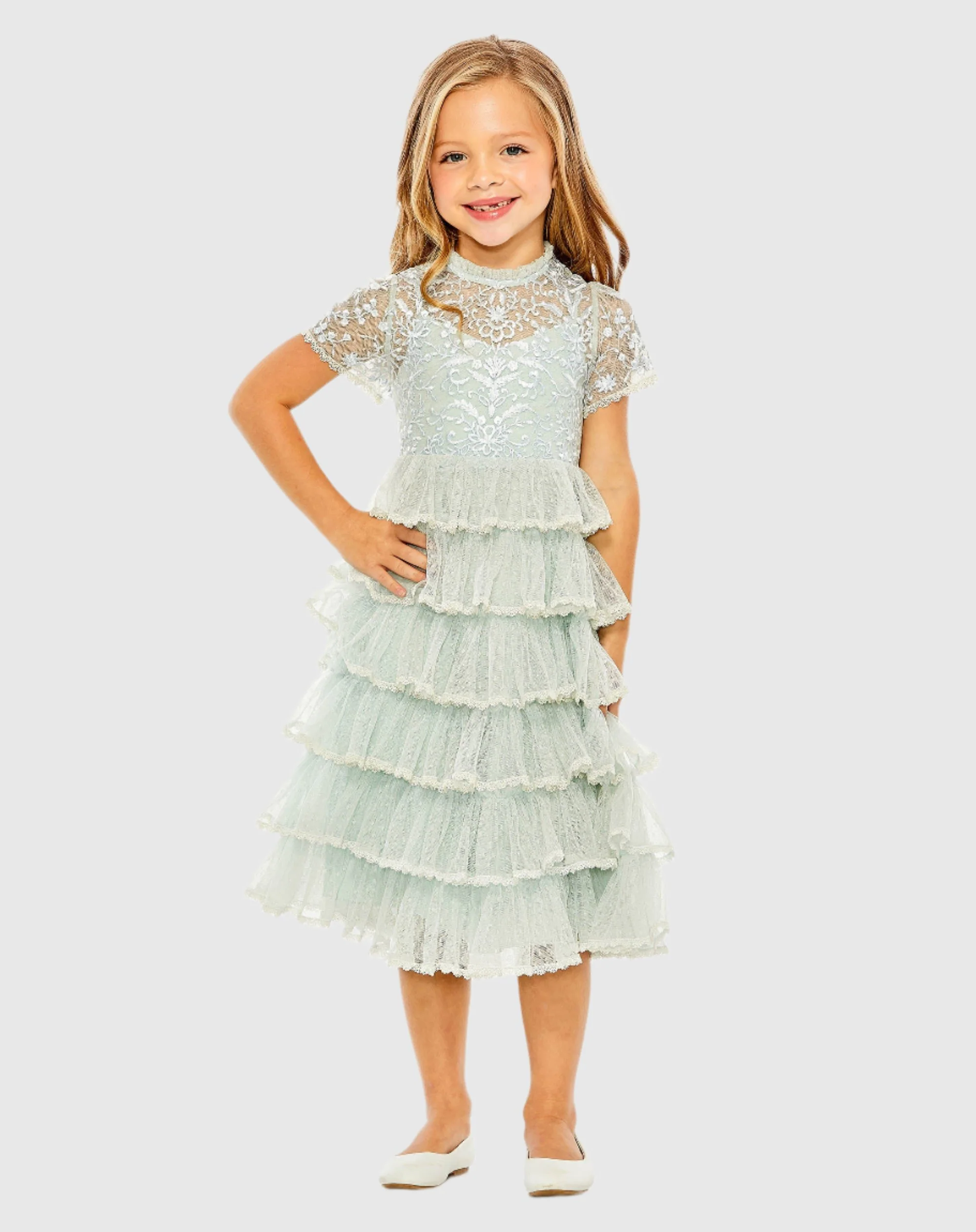 Girls High Neck Embroidered Short Sleeve Dress